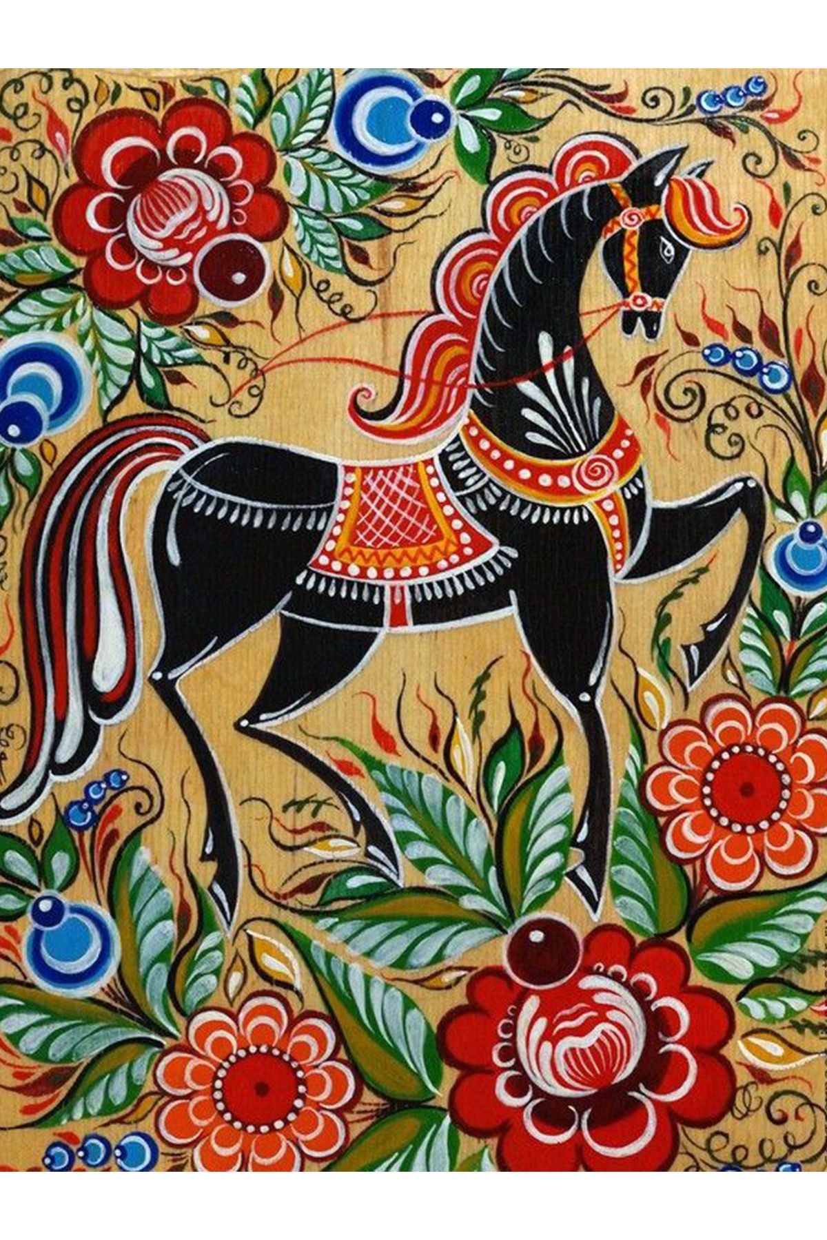 Yılmaz Koleksiyonu Çok Renkli Asil At ve Çiçek Figürleri Desenli Kreatif Modern Dekoratif Halı 07