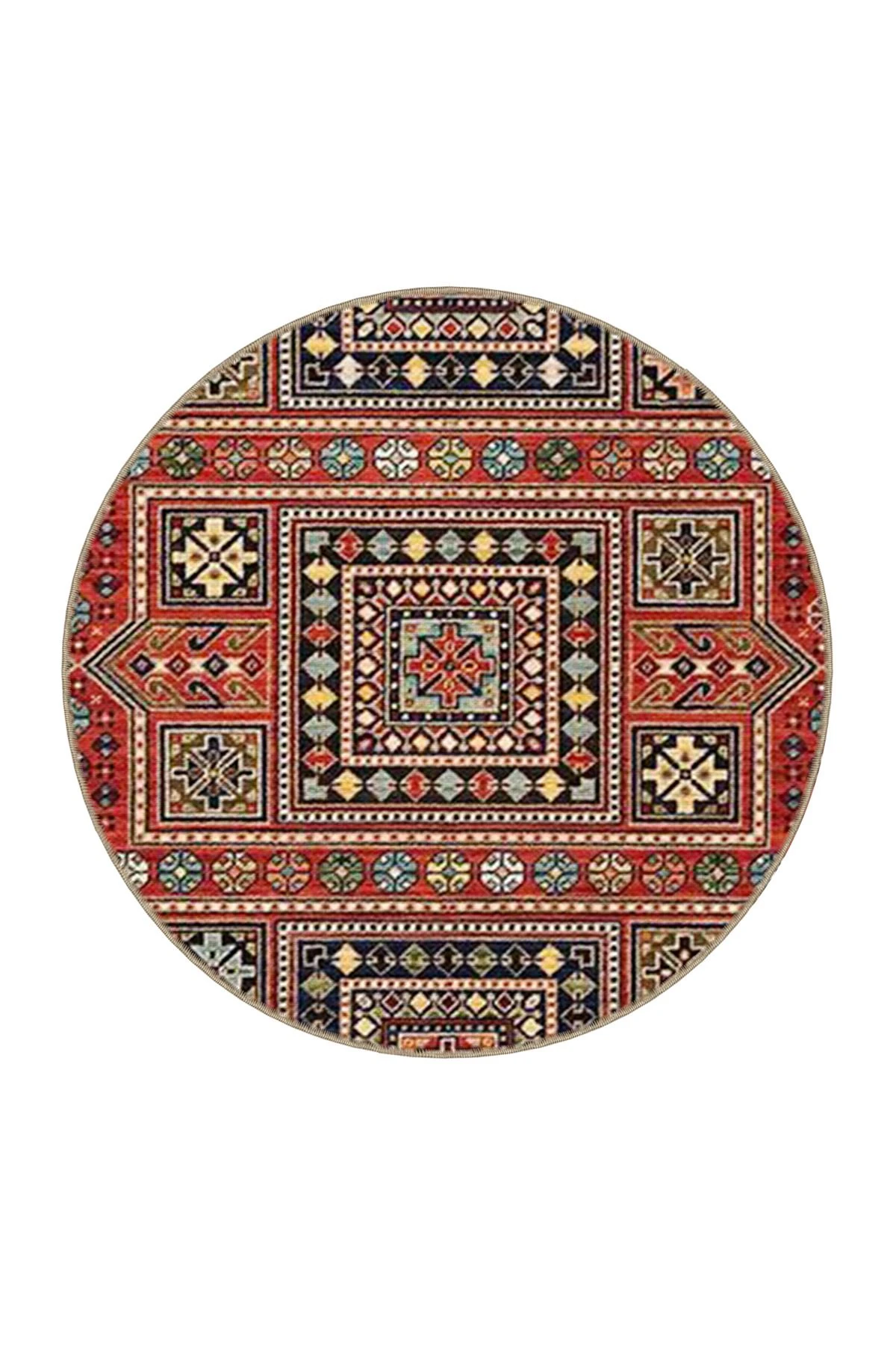 Kırmızı Temalı Çok Renkli Motifli Etnik Figür Desenli Vintage Dekoratif Halı 4562