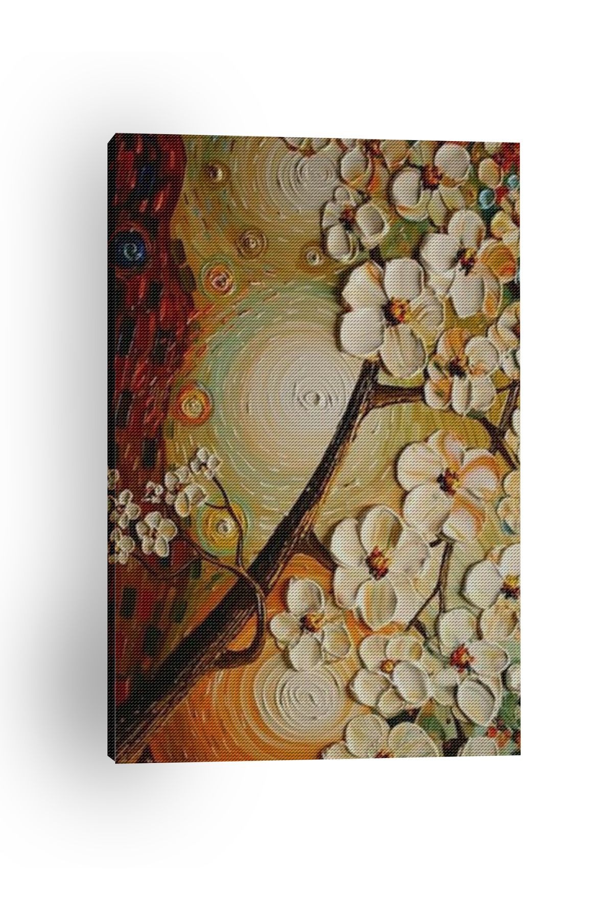 Kanvas Tablo Beyaz Turuncu Temalı Ağaç Çiçek Yapraklı Modern Tablo