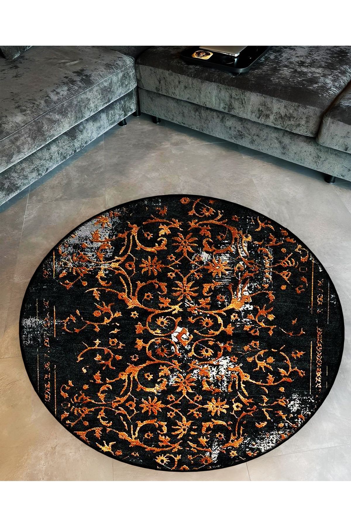 Mira Yuvarlak Siyah Antik Desen Turuncu  Detaylı Dokuma Taban Modern Dekoratif Halı 5704