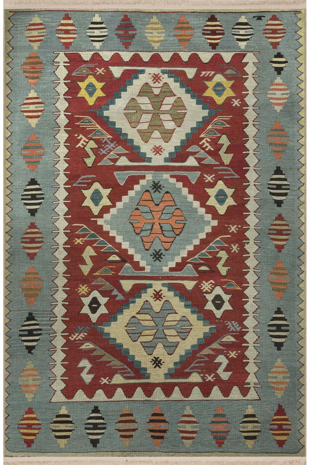 Gri Bordo Temalı Geleneksel Motif Etnik Desenli Kreatif Vintage Dekoratif Halı 2790