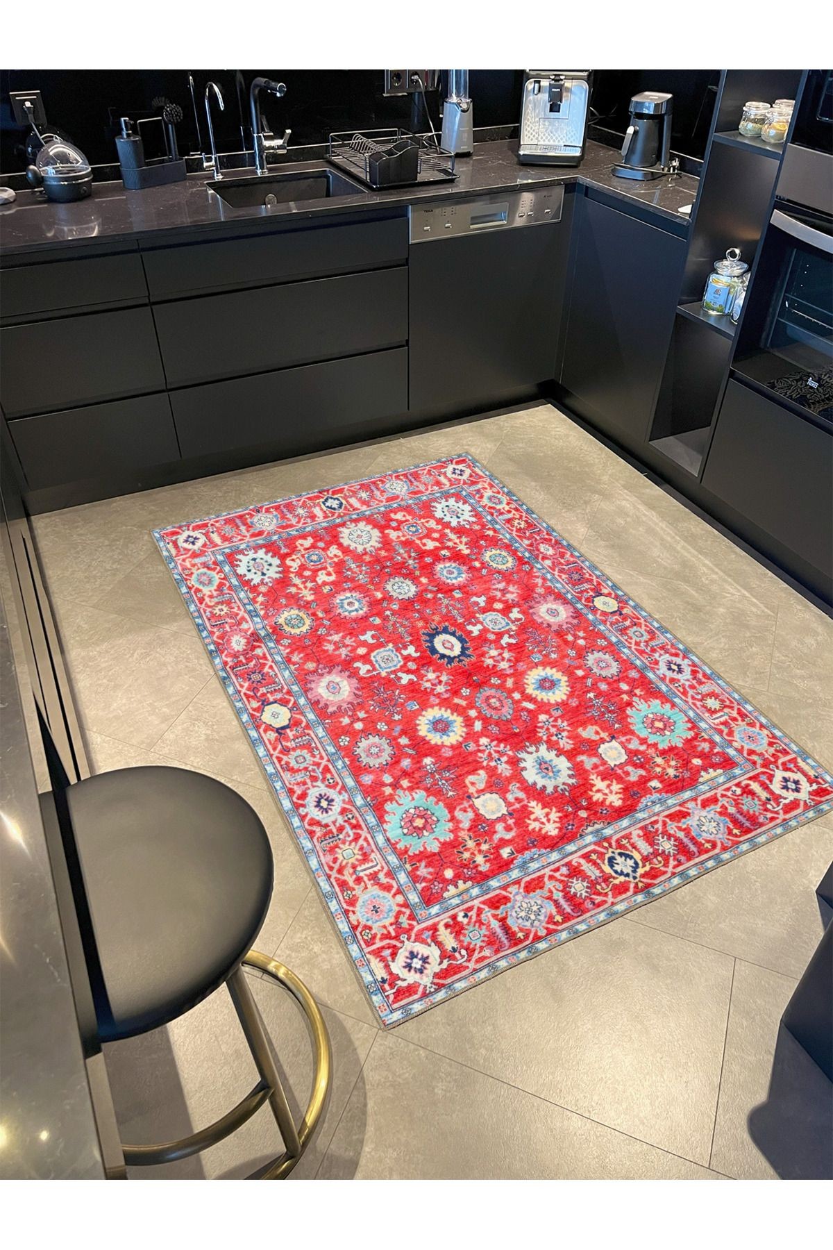 Kırmızı Bordürlü Floral Geleneksel Temalı Desenli Dokuma Taban Halı ve Yıkanabilir Halı aloha68