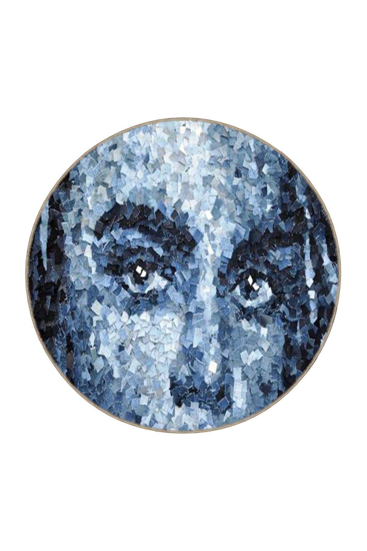Siyah Mavi Temalı Soyut Kadın Portre Desenli Modern Dekoratif Halı 3556