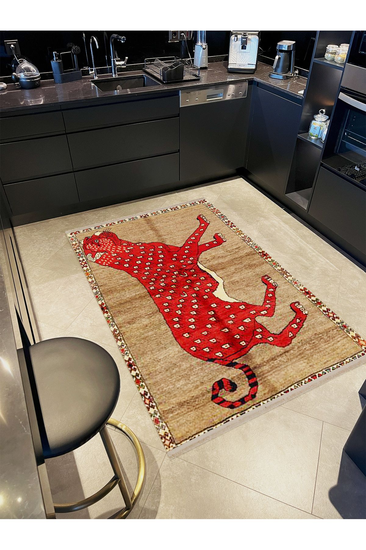 Özge Koleksiyonu Kırmızı Bej Hayvan Desenli Dokuma Taban Modern Dekoratif Halı özge34