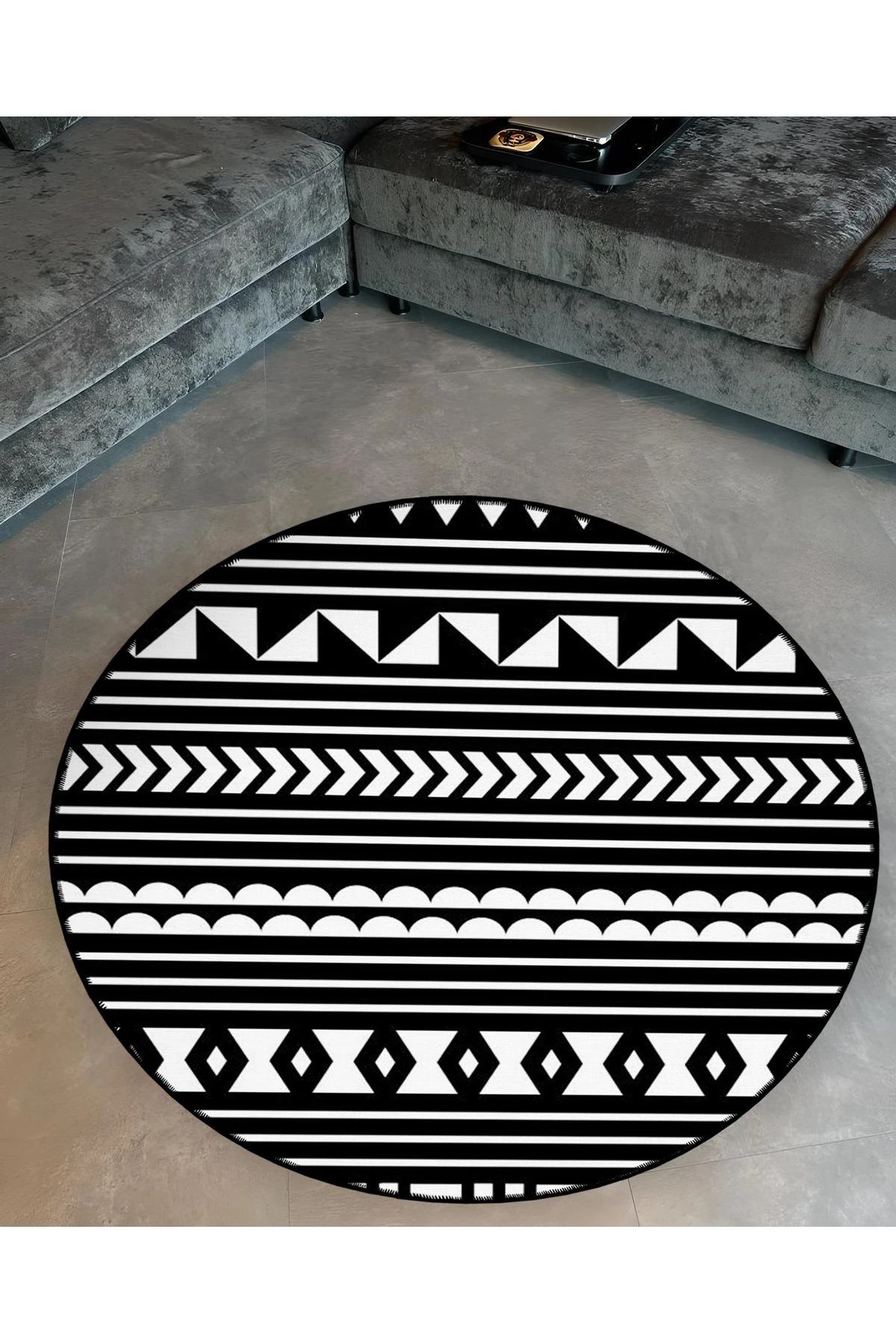 Mira Yuvarlak Siyah Beyaz Şekiller Detaylı Dokuma Taban Modern Dekoratif Halı 5623