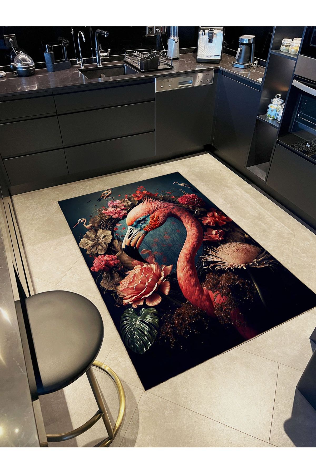 Emre Koleksiyonu Sürrealist Tema Flamingo ve Çiçekler Desenli Dokuma Taban Modern Dekoratif Halı 34