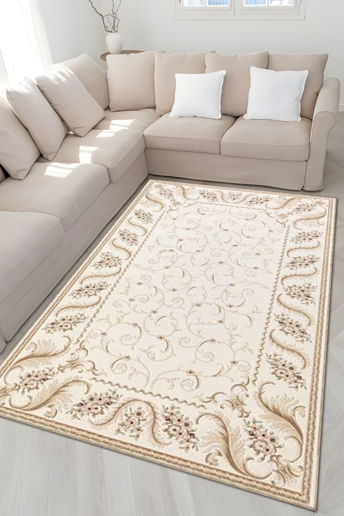 Bej Temalı Geleneksel Motif Sarmaşık Desenli Vintage Dekoratif Halı 4891