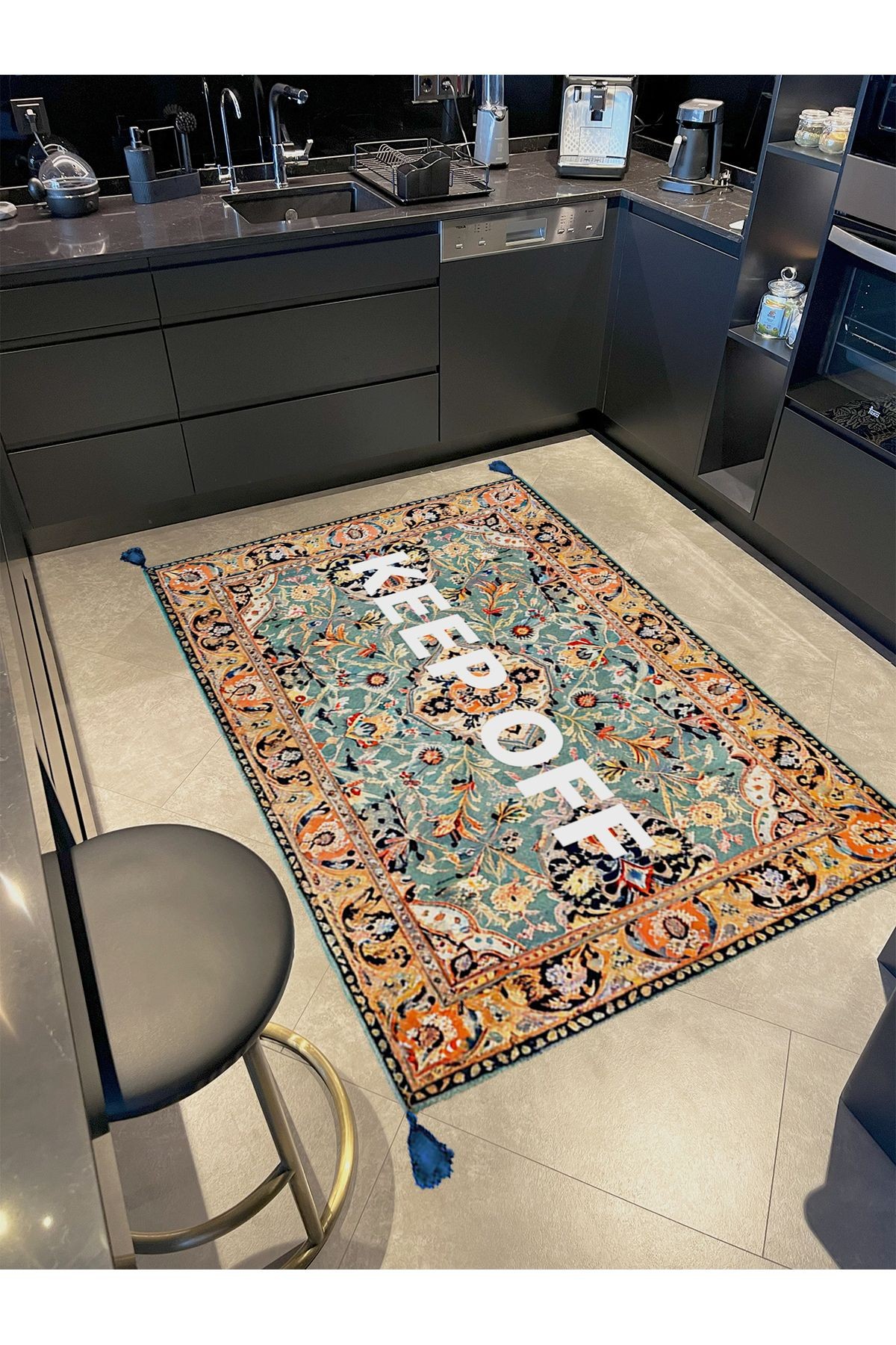 Tokyo Koleksiyonu Turkuaz Tema Floral Keep Off Yazılı Desenli Dokuma Taban Vintage Dekoratif Halı 25