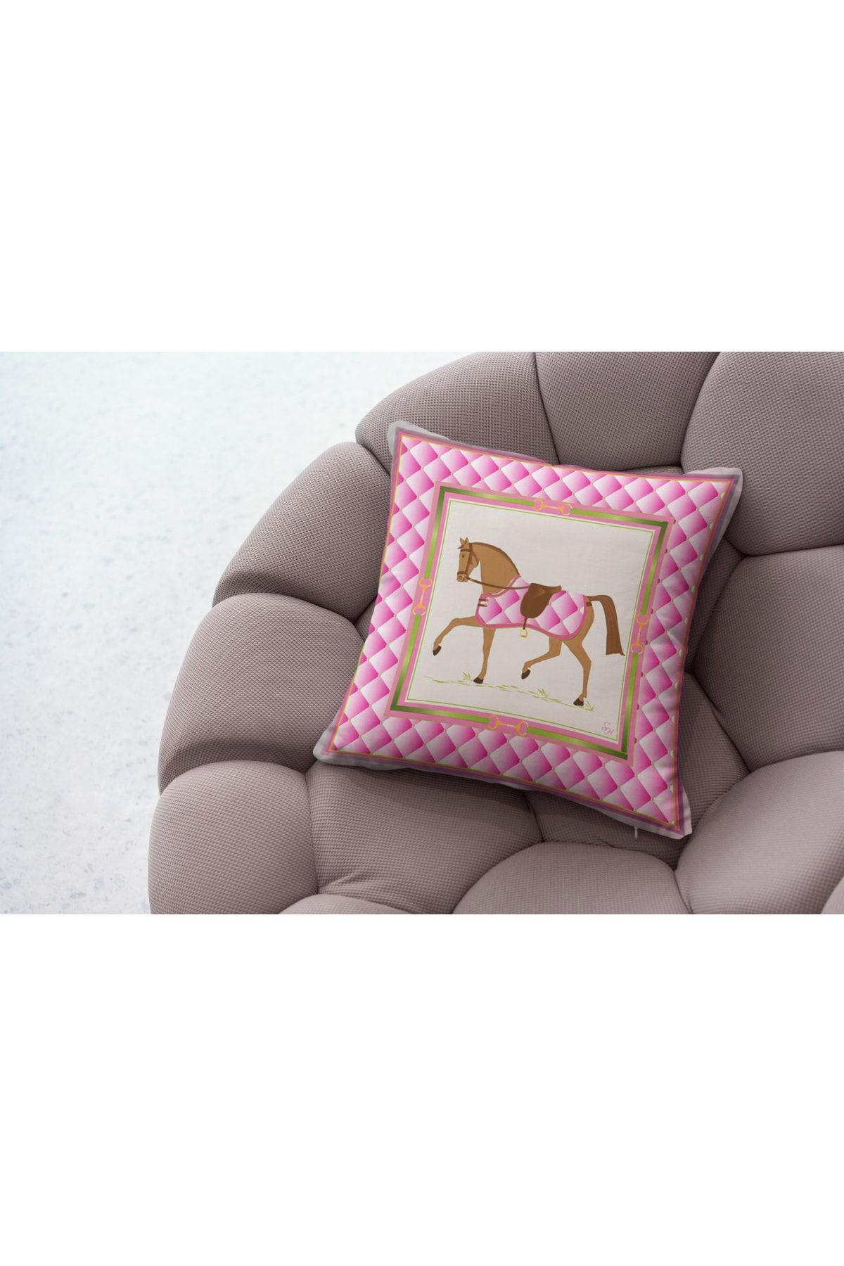 Kırlent Pembe Beyaz At Temalı Kırlent Kılıfı Pillow44