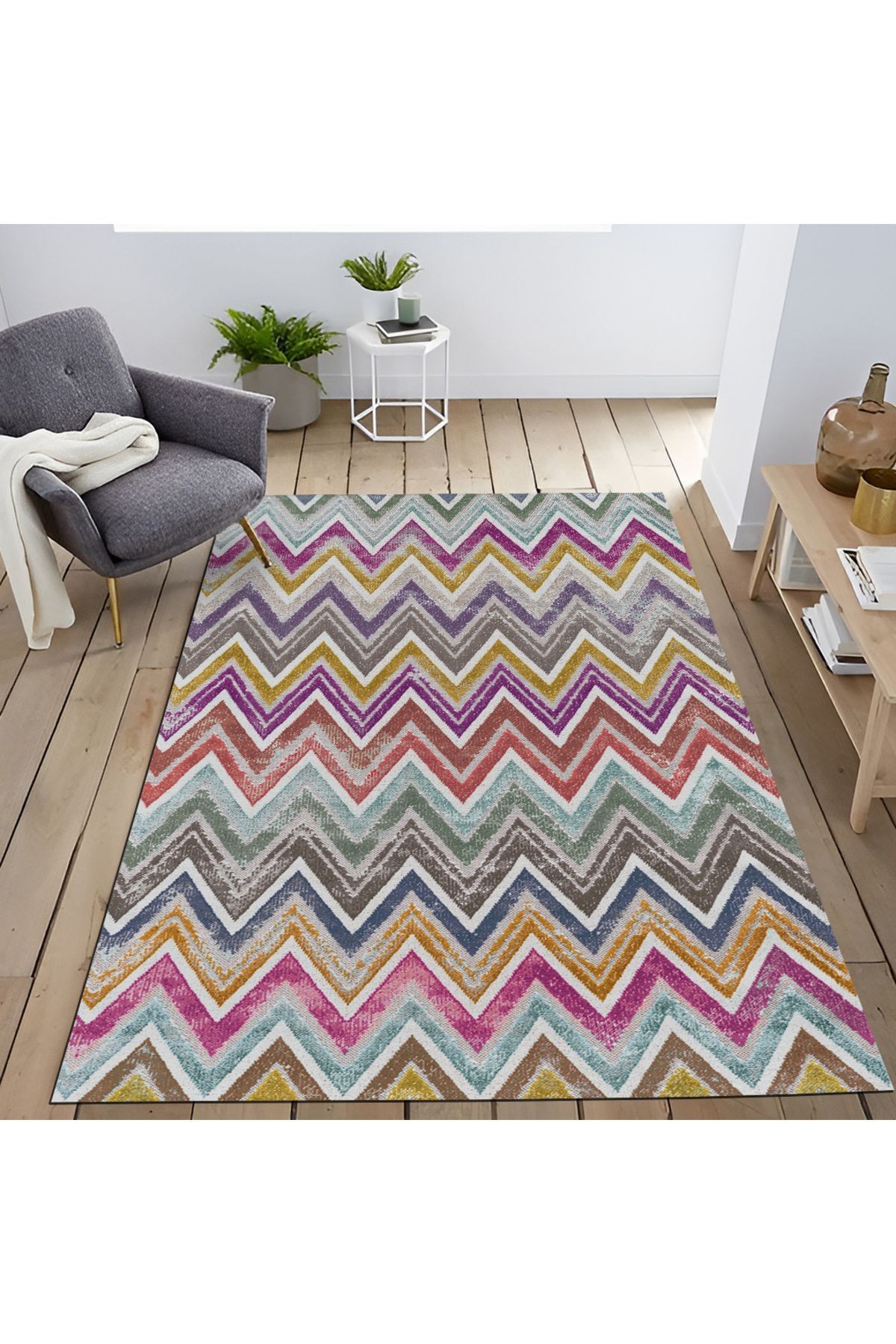 Mira Çok Renkli Geometrik Desen Modern Dekoratif Halı Mira 1495