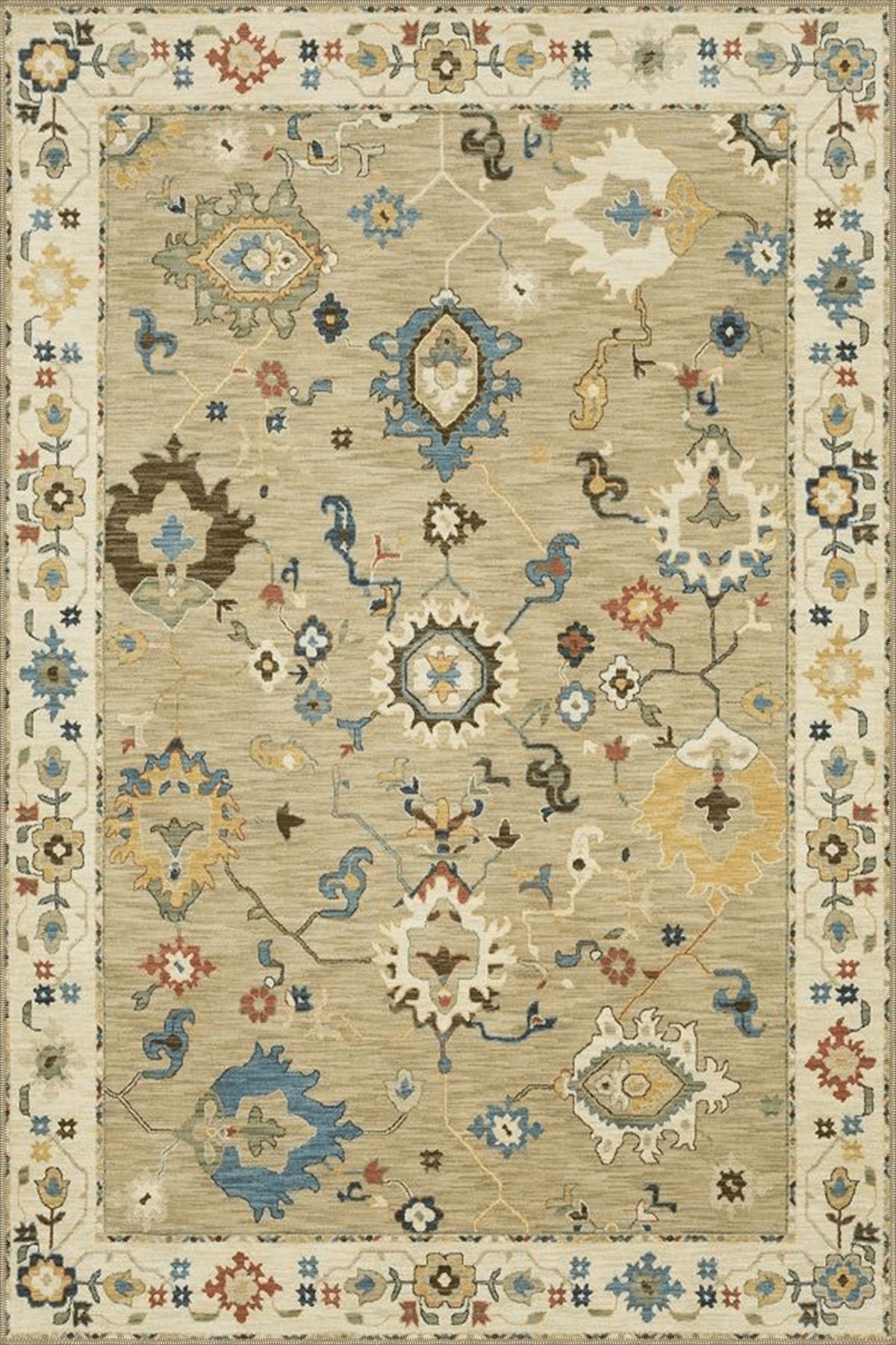 Bej Temalı Motifli Etnik Çiçek Desenli Vintage Dekoratif Halı 4589