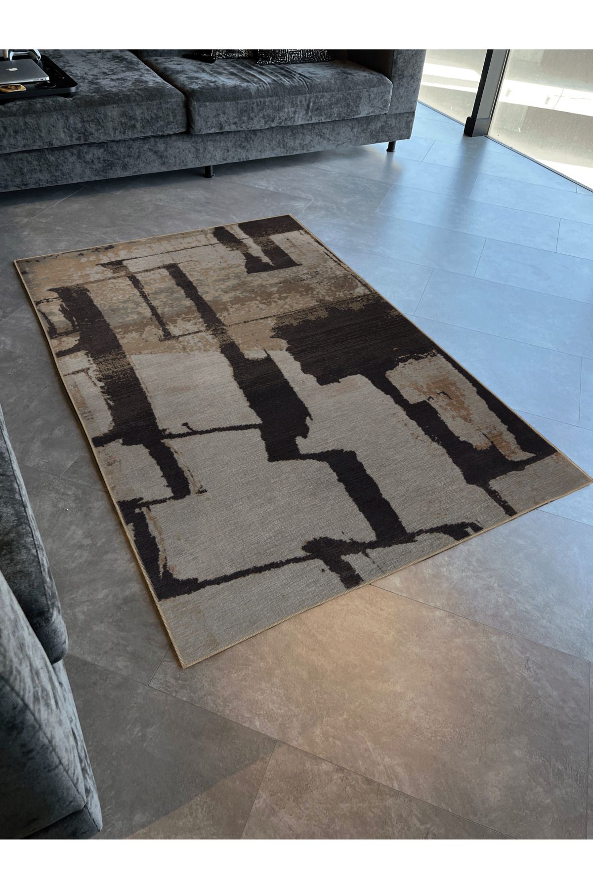 Siyah Bej Temalı Abstract Soyut Desenli Kreatif Modern Dekoratif Halı 3006