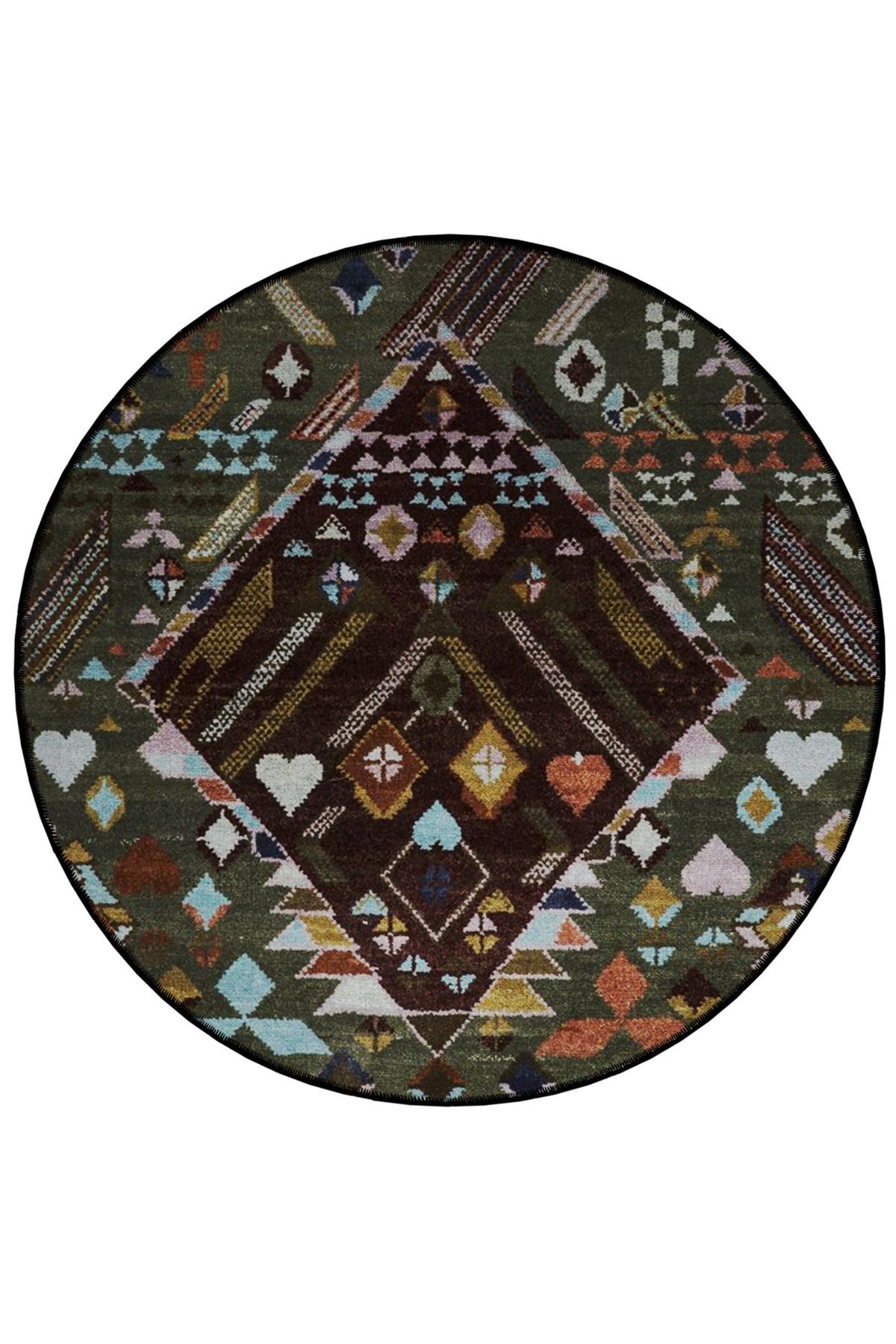Yeşşil Kahve Tema Geleneksel Desenli Yuvarlak Dokuma Taban Vintage Dekoratif Halı 6128