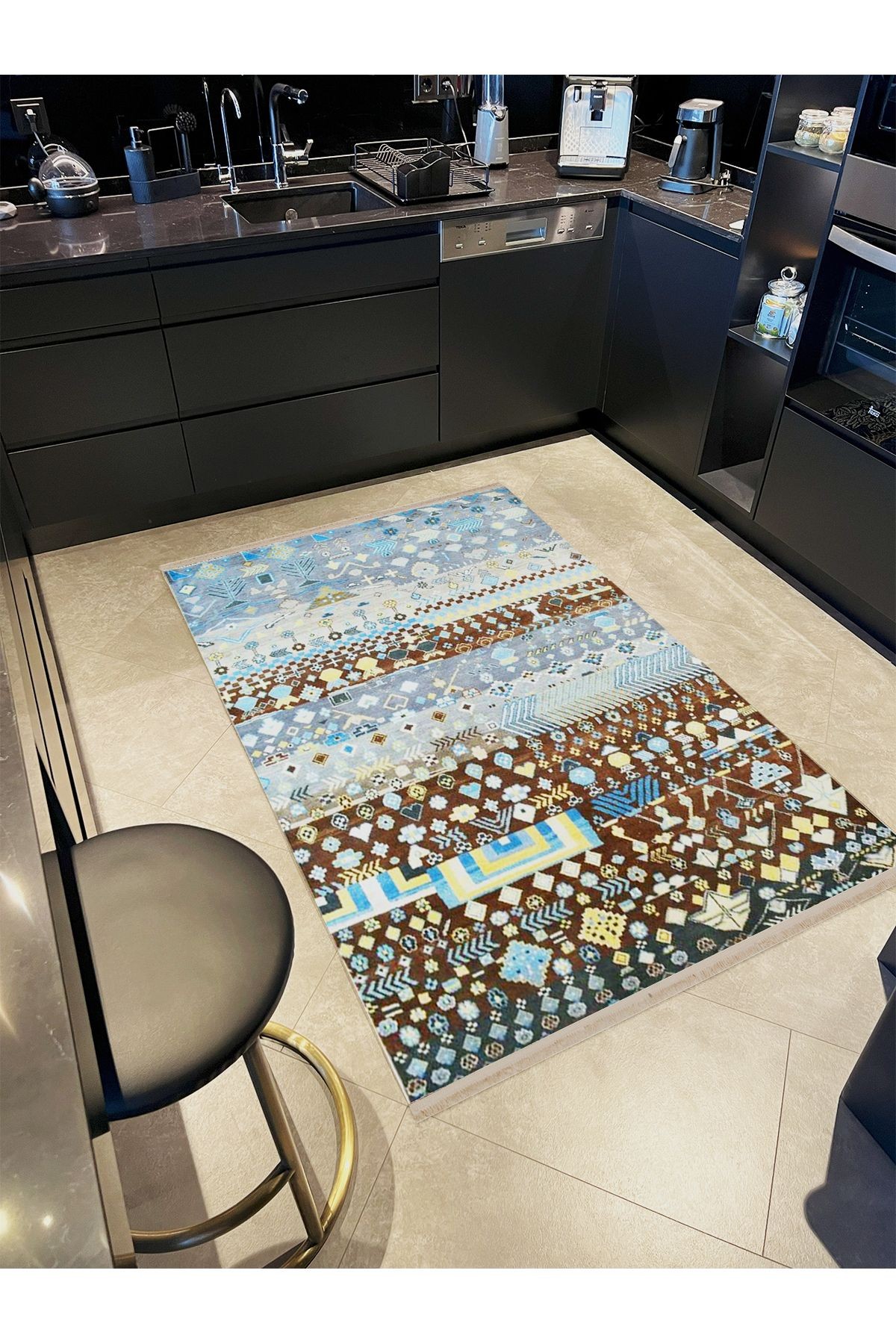 Barcelona Koleksiyonu Mavi Kahverengi Geleneksel Motifli Modern Dekoratif Halı barcelona68