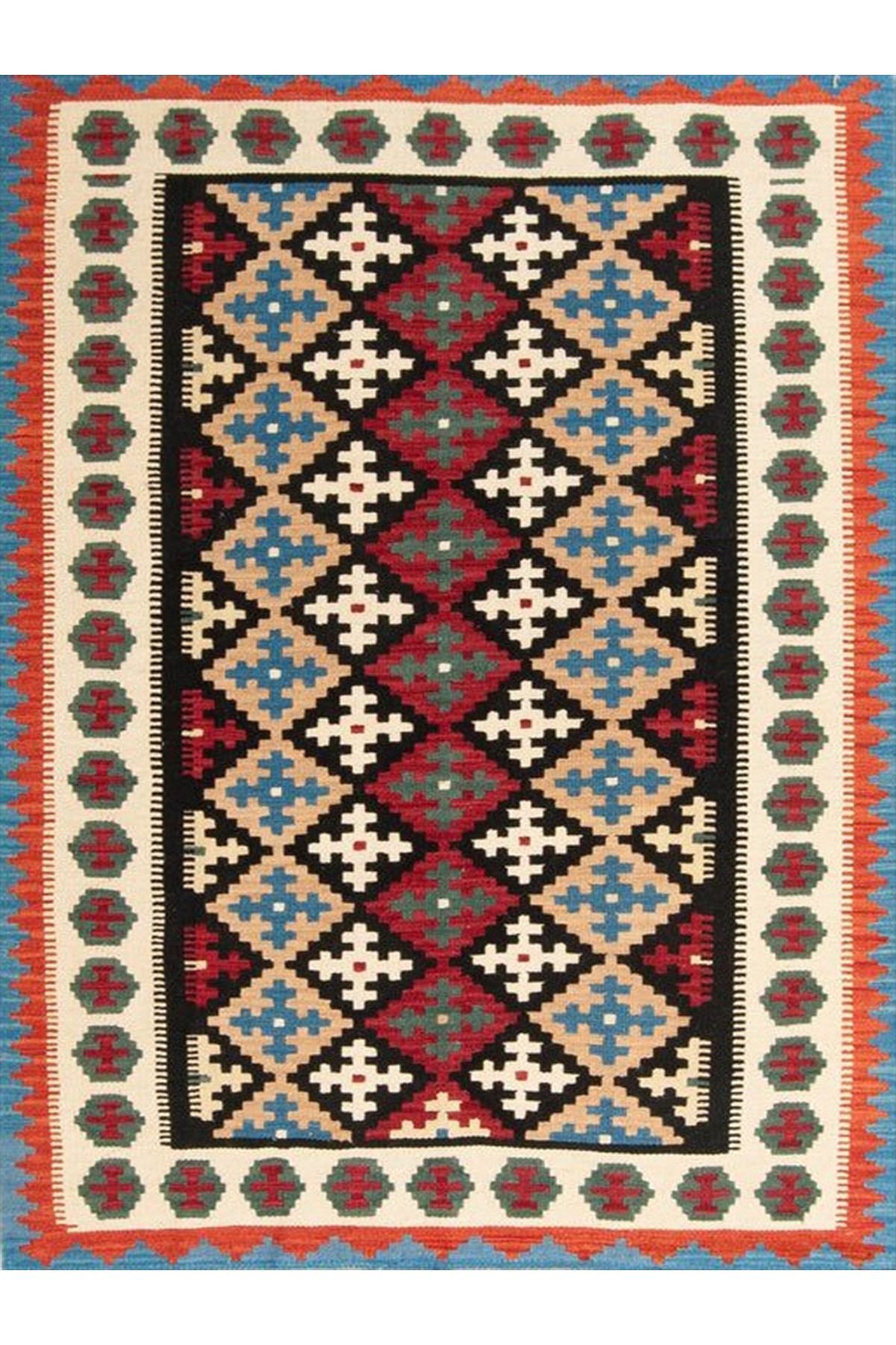 Aysu Koleksiyonu Siyah Detaylı Çok Renkli Etnik Desenli Dokuma Taban Modern Dekoratif Halı aysu28