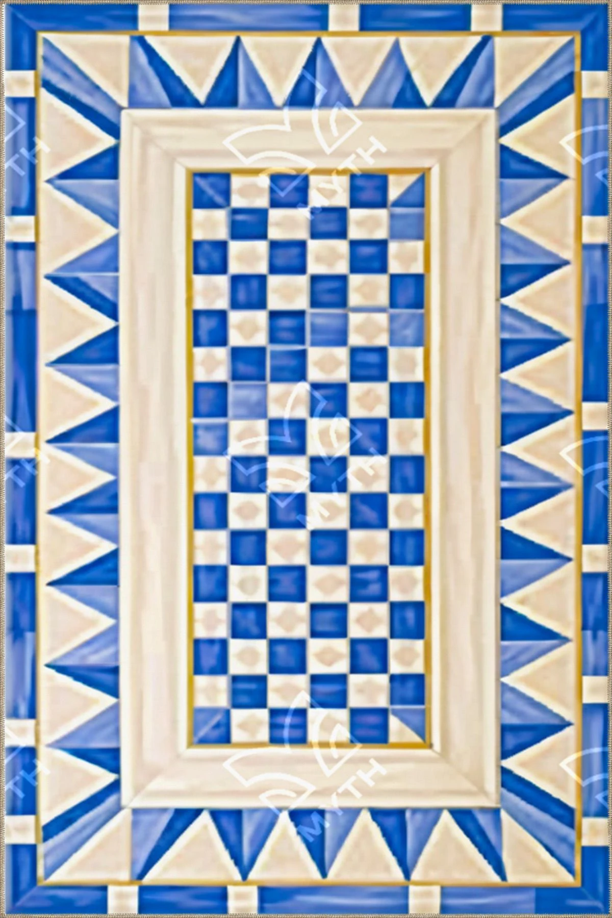 Mavi Krem Geometrik Kareli Temalı Dokuma Taban ve Yıkanabilir Halı MYTH8