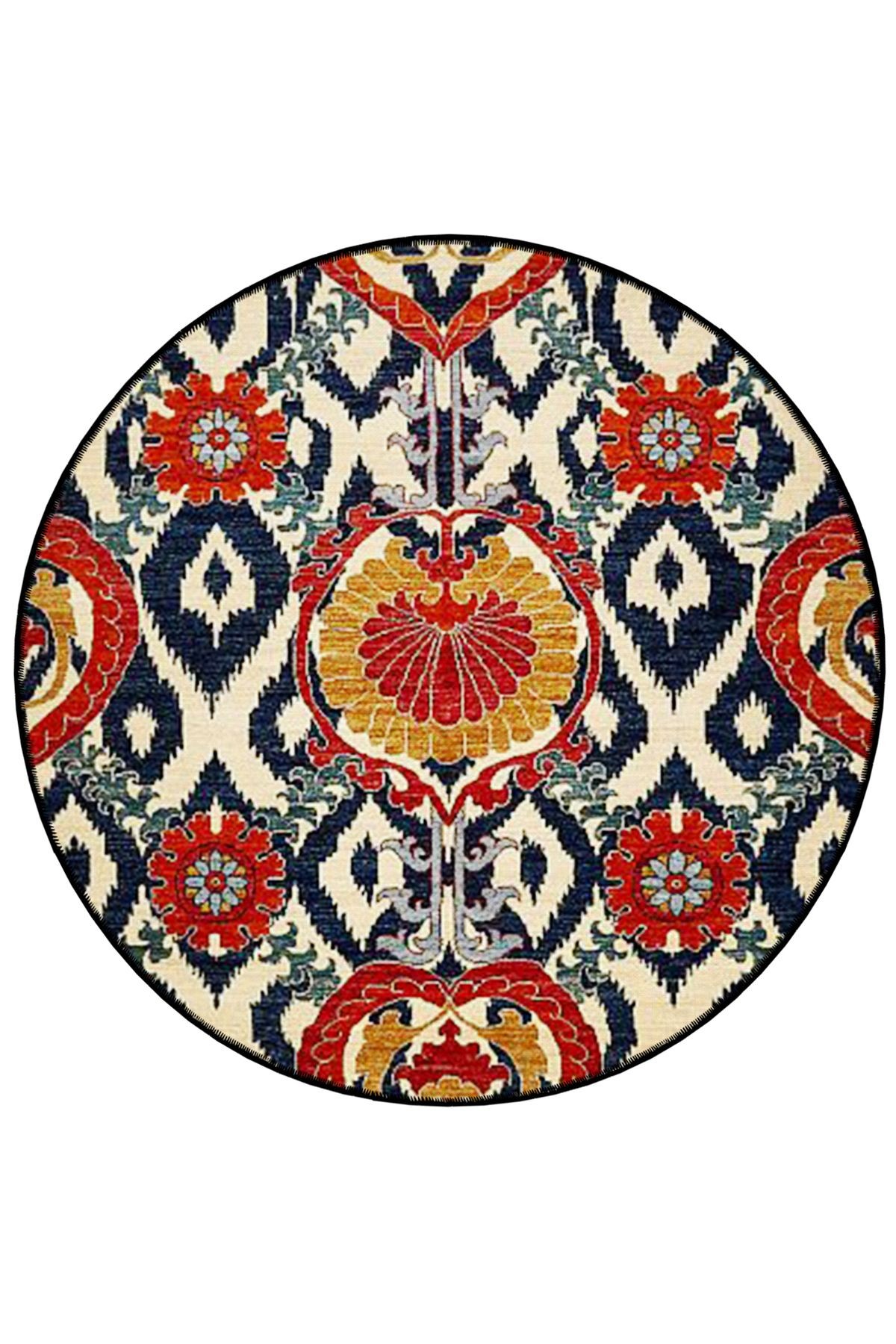 Çok Renkli Motifli Geleneksel Desenli Yuvarlak Dokuma Taban Vintage Dekoratif Halı 6104
