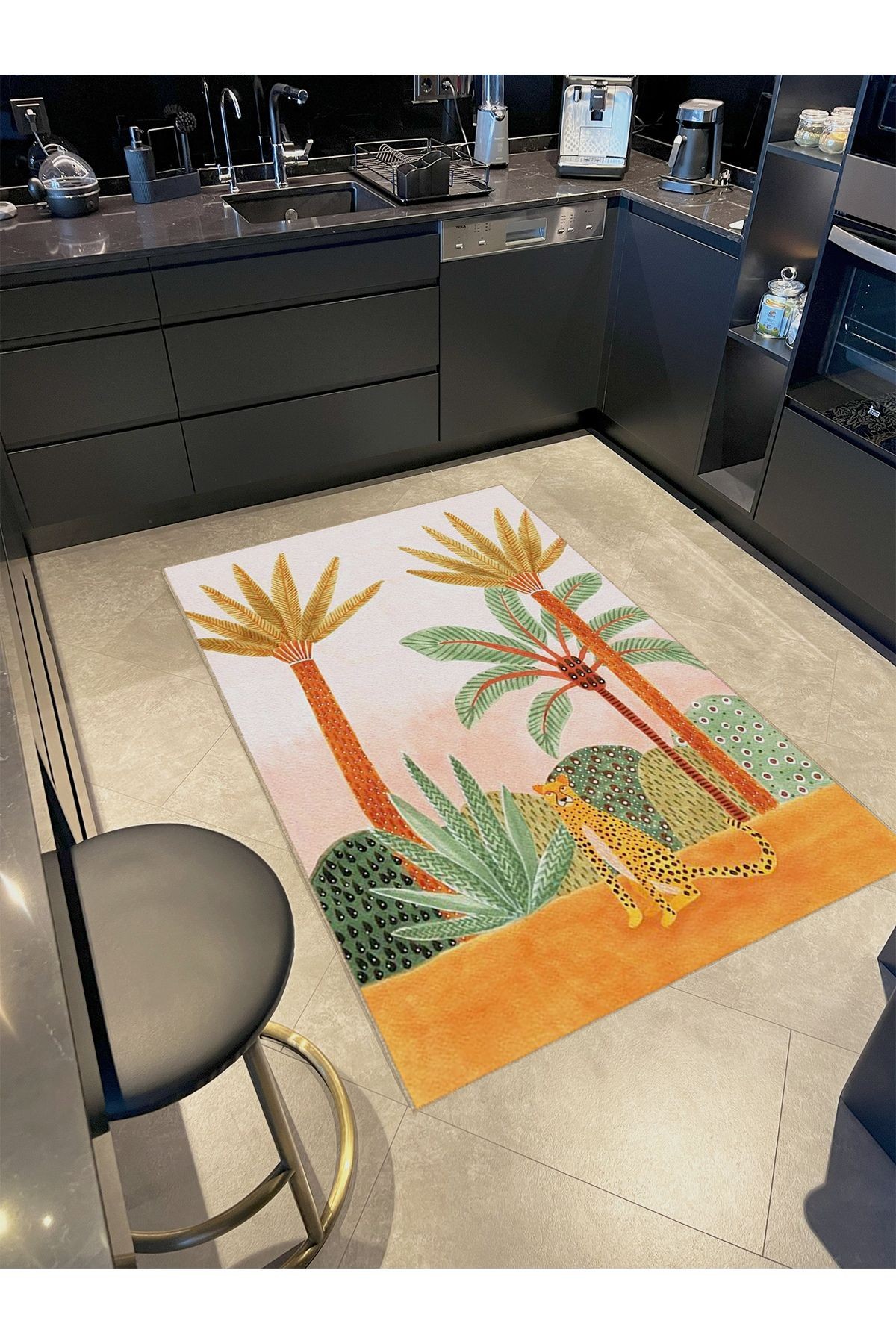 Güneş Koleksiyonu Kaplan ve  Palmiyeler Desenli Dokuma Taban Modern Dekoratif Halı güneş43