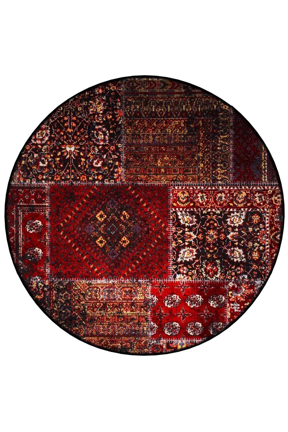 Bordo Tema Etnik Motifler Geleneksel Desenli Yuvarlak Dokuma Taban Vintage Dekoratif Halı 6160