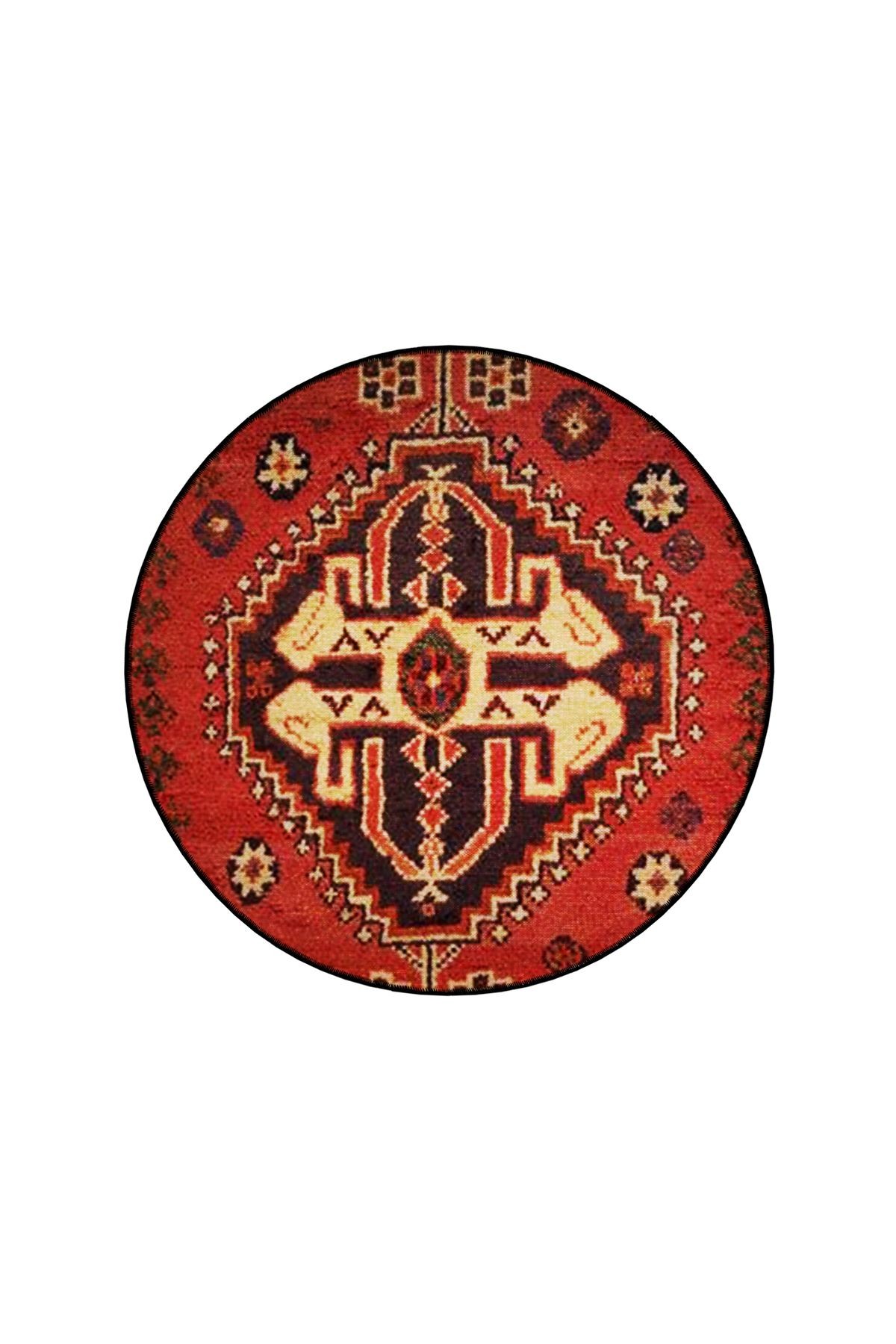 Turuncu Bej Temalı Etnik Motif Geleneksel Desenli Yuvarlak Dokuma Taban Vintage Dekoratif Halı 6219