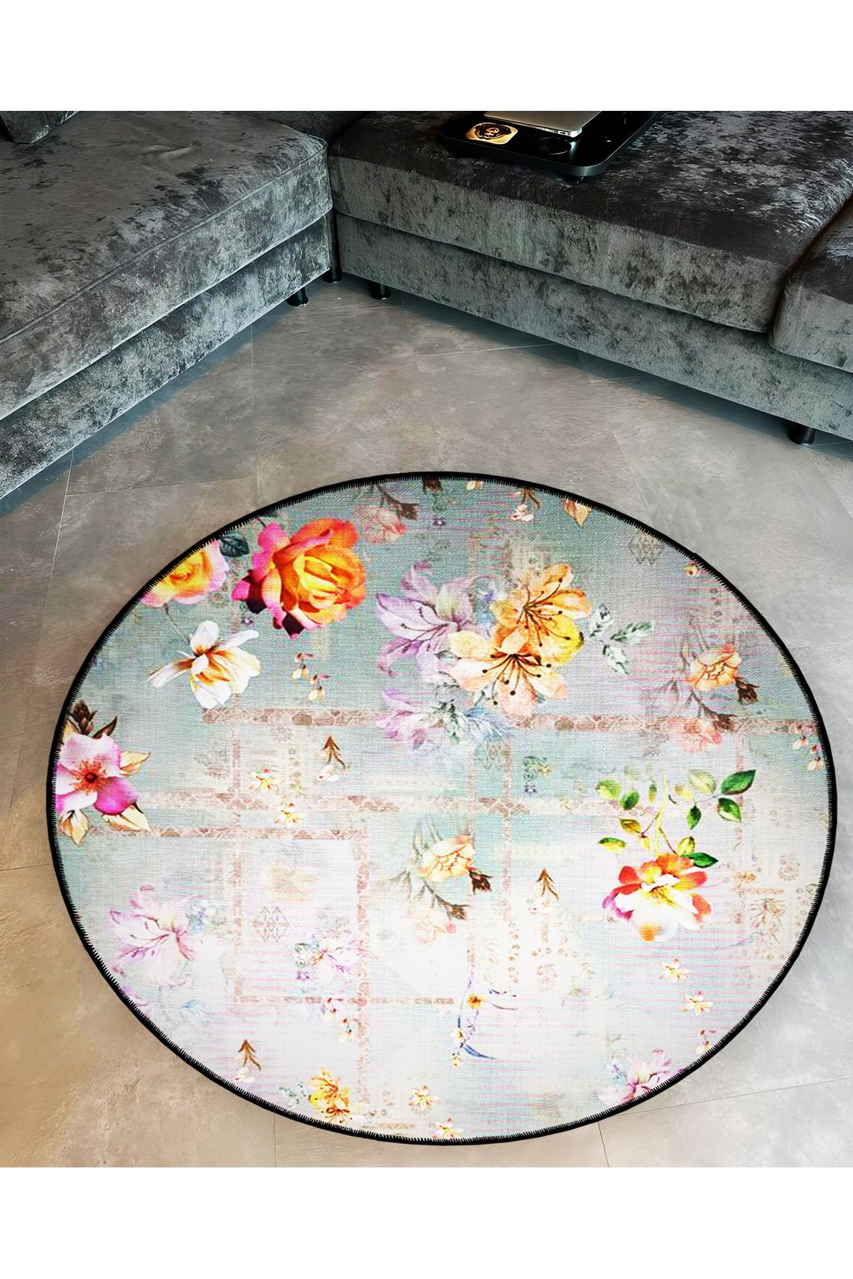 Gri Temalı Çiçekli Desenli Yuvarlak Dokuma Taban Vintage Dekoratif Halı 6195
