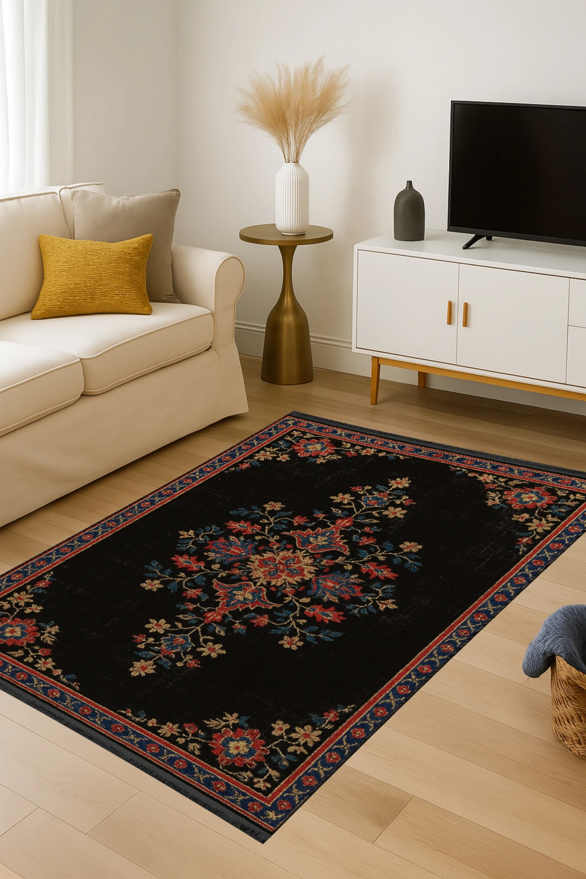 MOSSO Siyah Temalı Etnik Motifler ve Çiçekler Desenli Dokuma Taban Vintage Dekoratif Halı mosso317