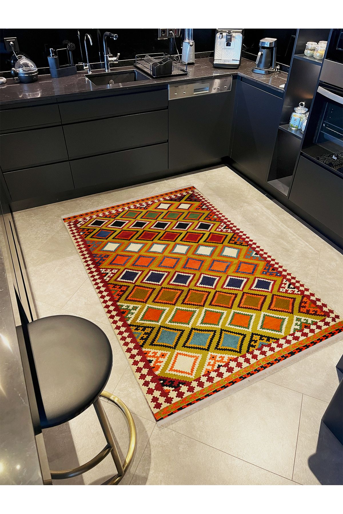 Güney Koleksiyonu Çok Renkli Dörtgen Etnik Motif Desenli Vintage Dekoratif Halı 27