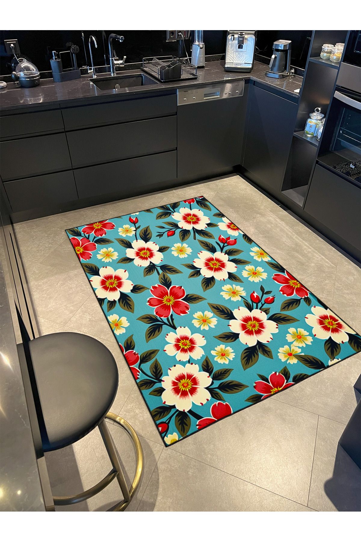 Paris Koleksiyonu Mavi Temalı Floral Çiçek Motifleri Desenli Modern Dekoratif Halı 94