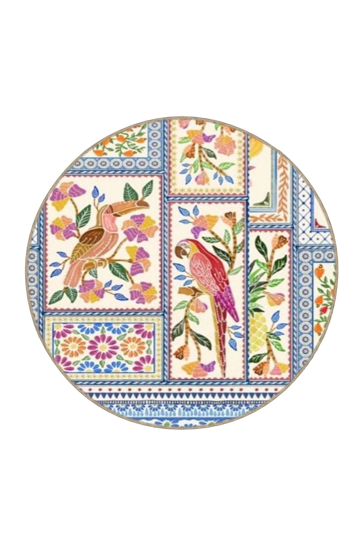 Çok Renkli Papağan Çiçek ve Ananas Desenli Modern Dekoratif Halı 3536