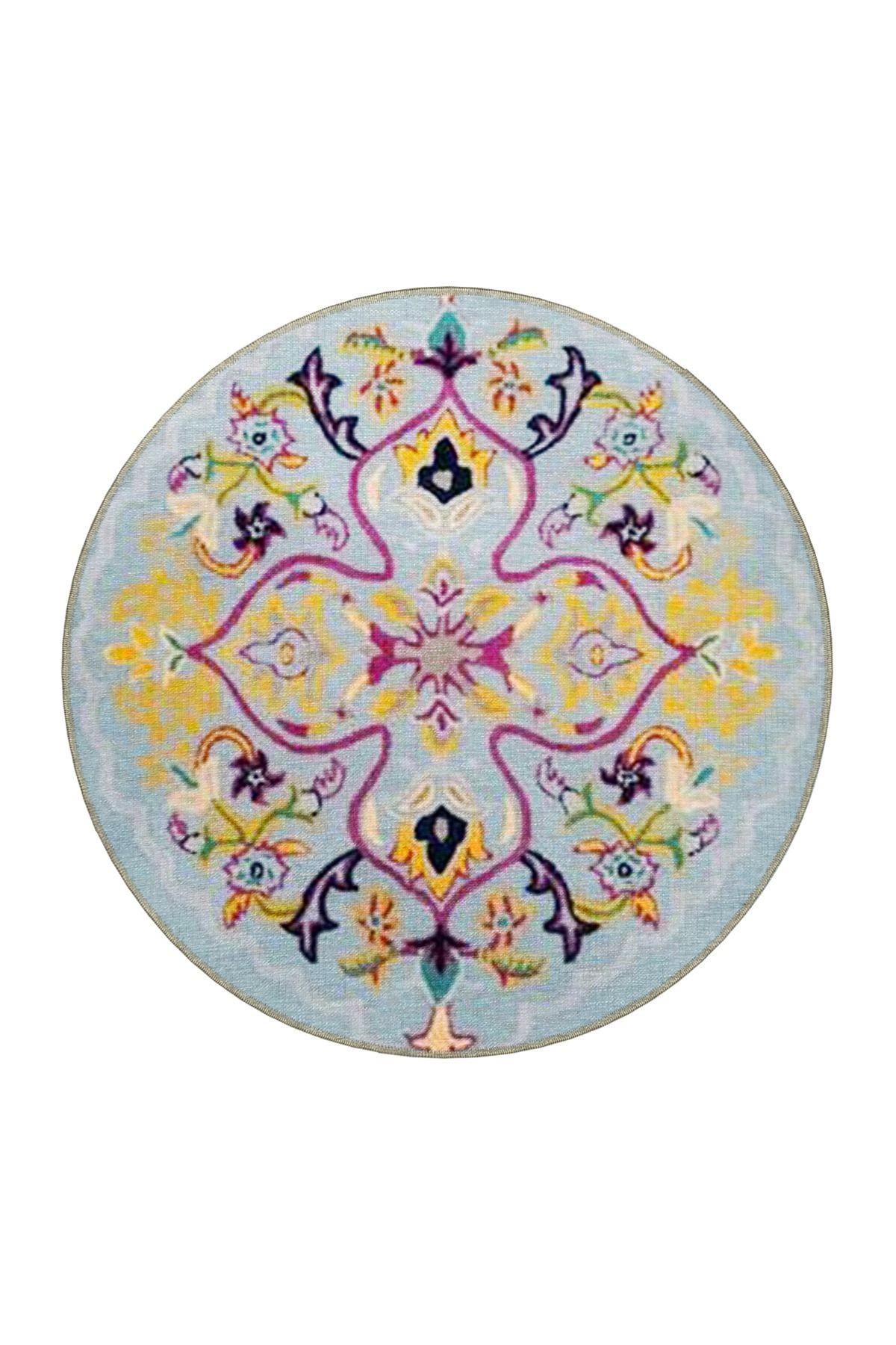 Açık Mavi Sarı Temalı Geleneksel Motif Çiçek Desenli Vintage Dekoratif Halı 4705