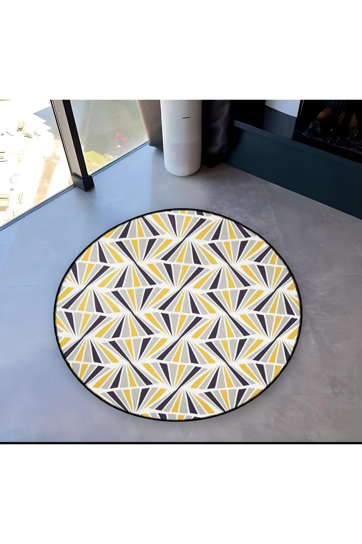 Sarı Gri Tema Geometrik Desenli Yuvarlak Dokuma Taban Modern Dekoratif Halı 6089
