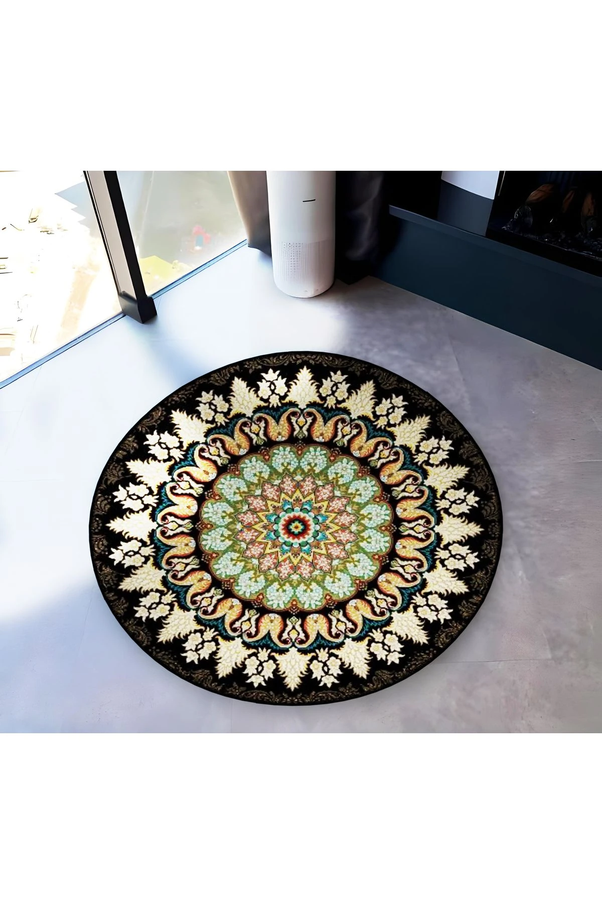 Mira Yuvarlak Siyah Yeşil Antik Desen Detaylı Dokuma Taban Modern Dekoratif Halı 5672