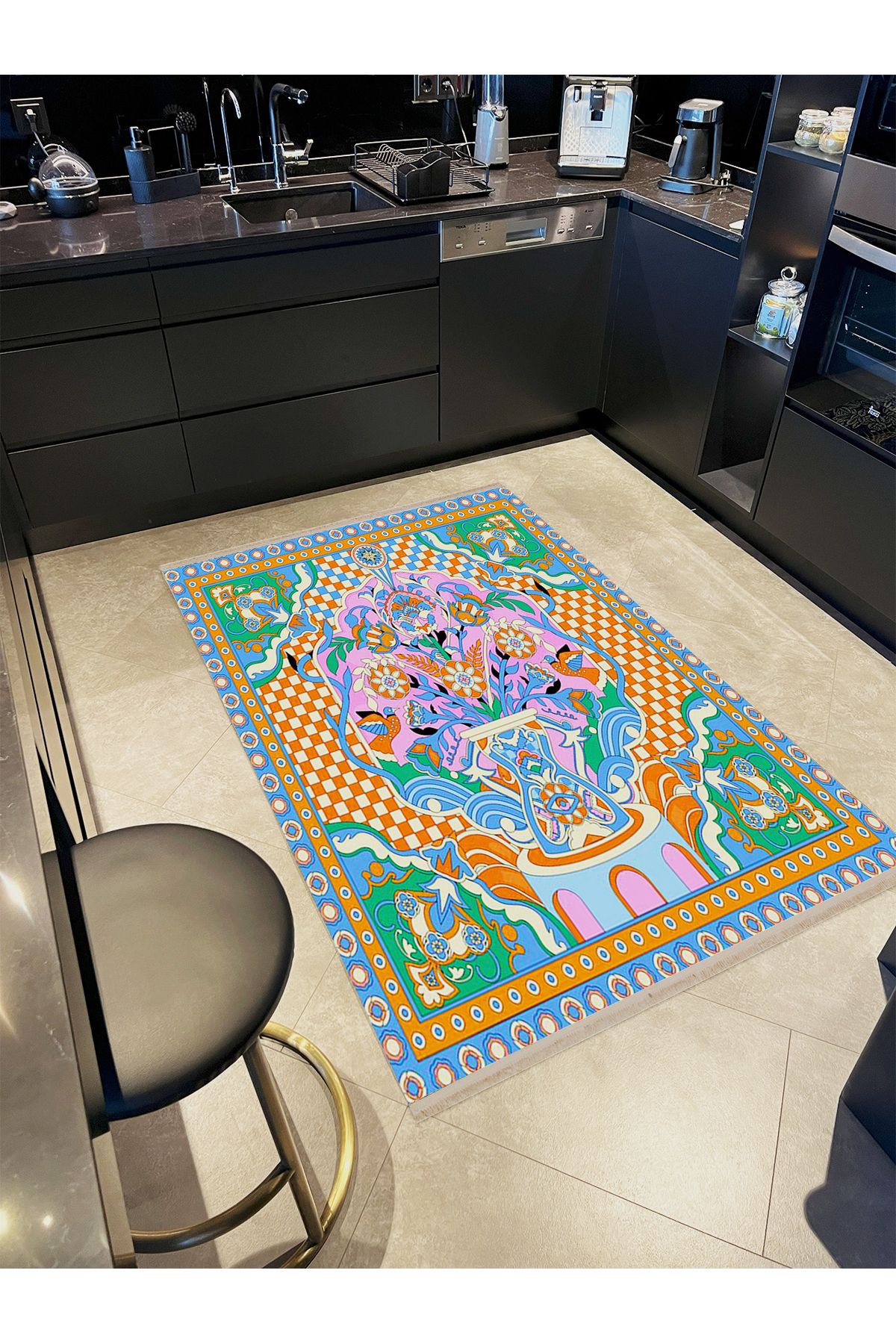 Özge Koleksiyonu Çok Renkli  Çiçek Ve Dama Detaylı Dokuma Taban Modern Dekoratif Halı özge40