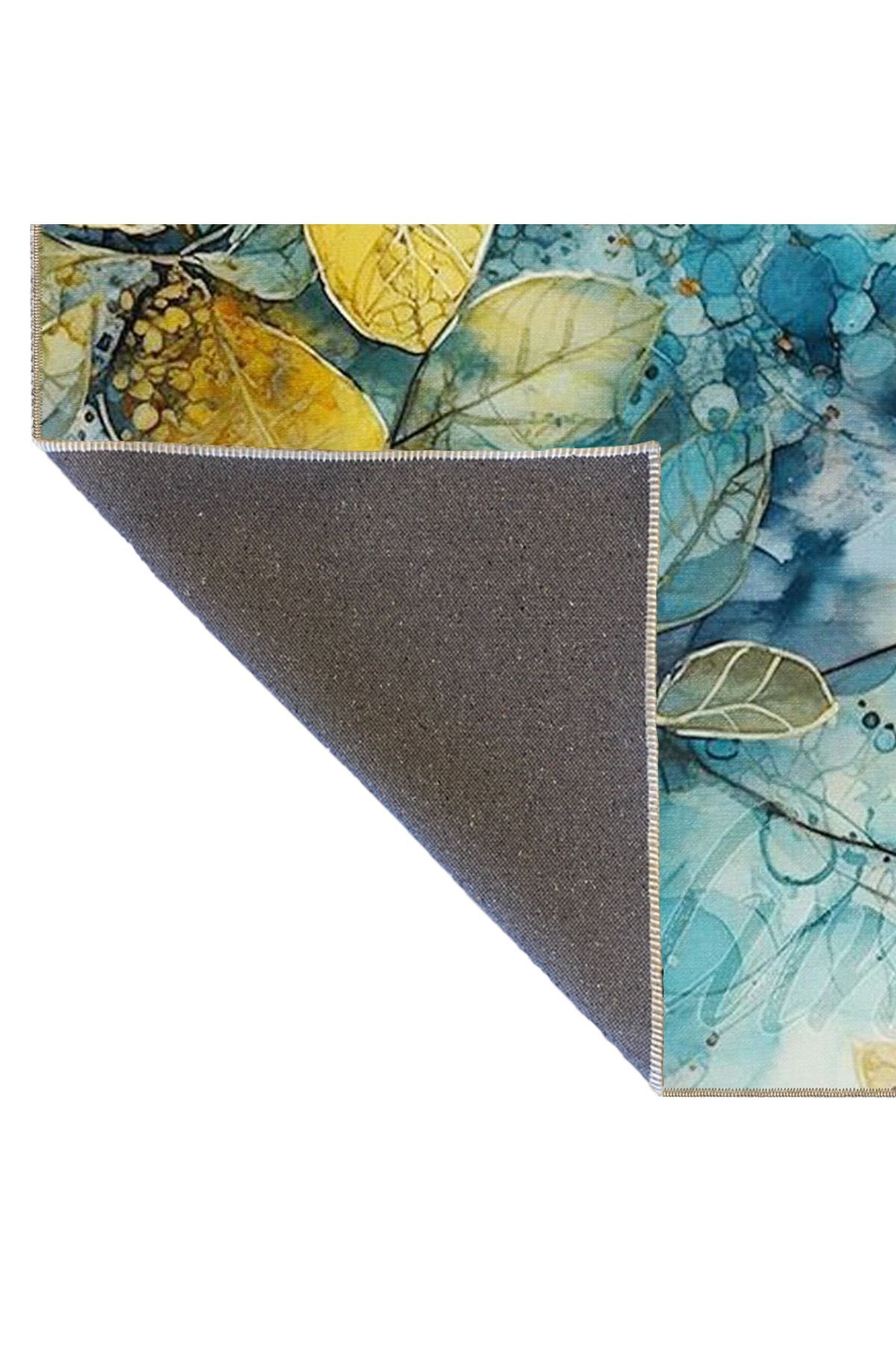 Buz Mavisi ve Sarı Temalı Floral Çiçekli Dekoratif Yıkanabilir Halı miravip8994