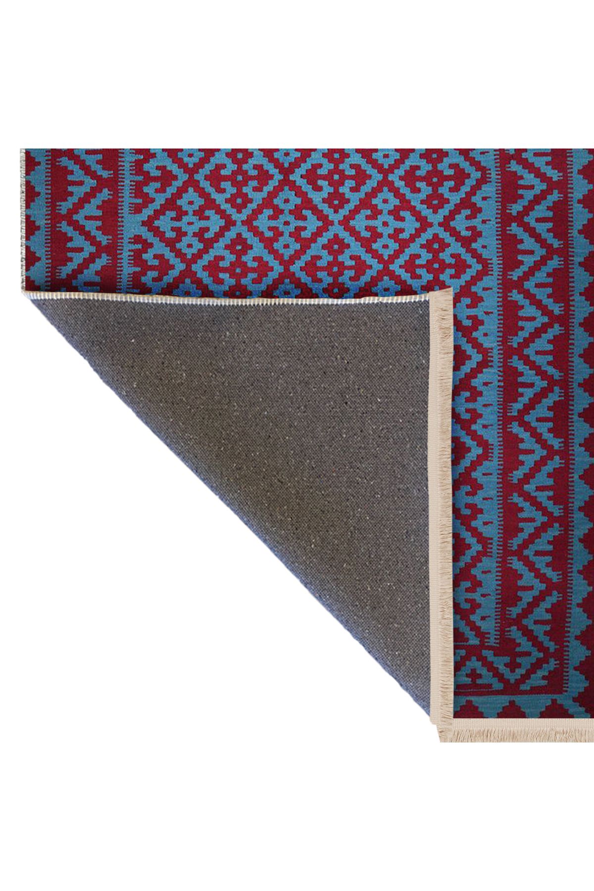 Maya Koleksiyonu Mavi Bordo Etnik Desenli Dokuma Taban Modern Dekoratif Halı maya25