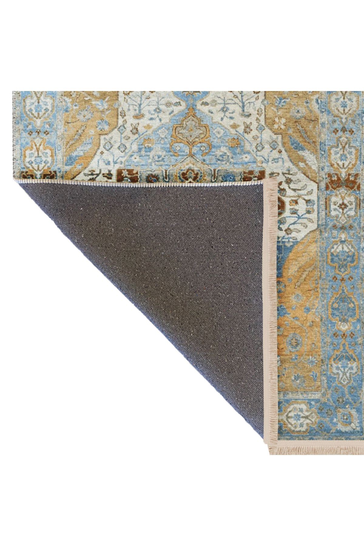 Barcelona Koleksiyonu Bej ve Mavi Temalı Geleneksel Motif Desenli Vintage Dekoratif Halı 41