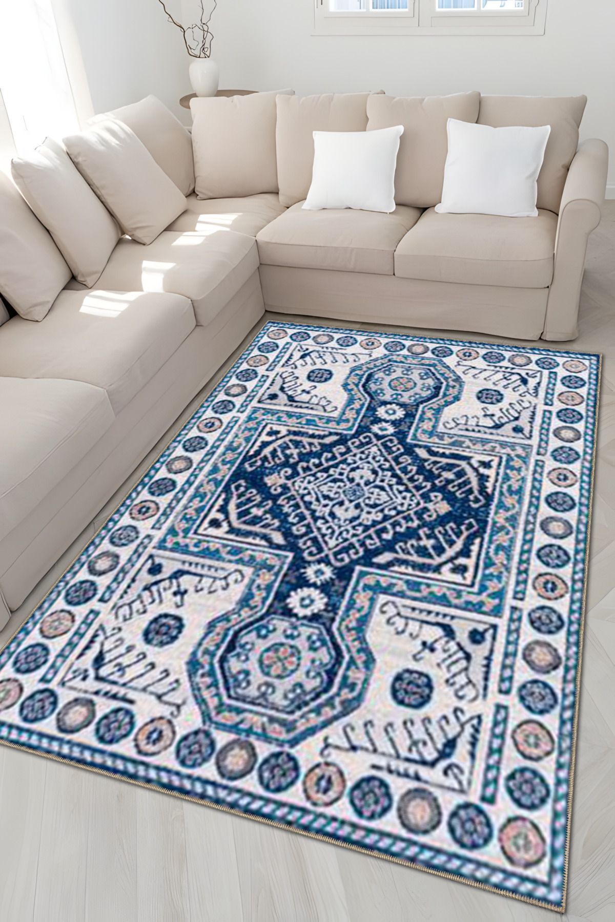 Lacivert Bej Temalı Motifli Etnik Figür Desenli Vintage Dekoratif Halı 5009