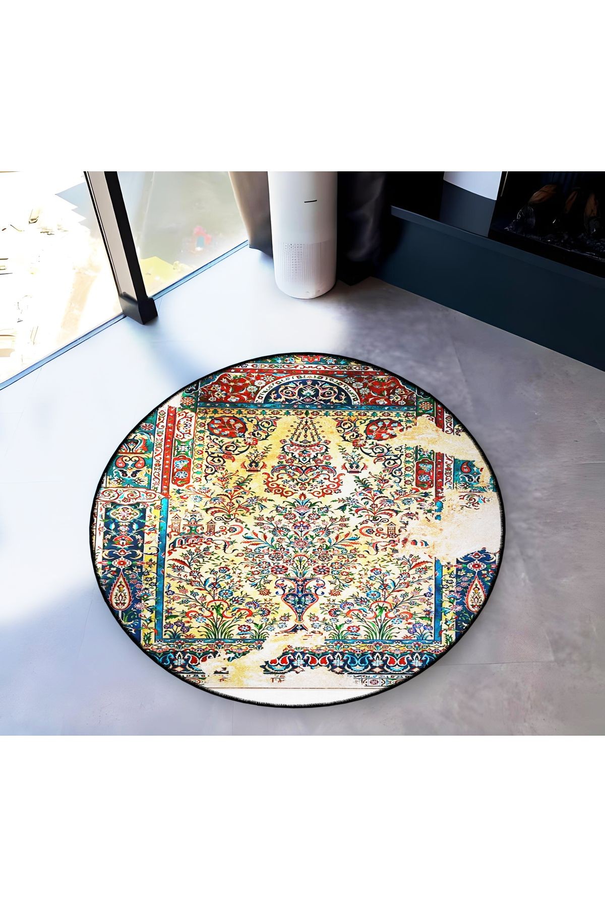 Çok Renkli Soyut Geleneksel Desenli Yuvarlak Dokuma Taban Vintage Dekoratif Halı 6142