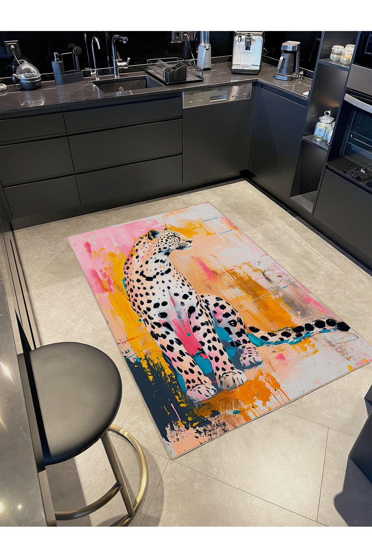 İnci Koleksiyonu Çok Renkli Leopar Detaylı Dokuma Taban Modern Dekoratif Halı inci75