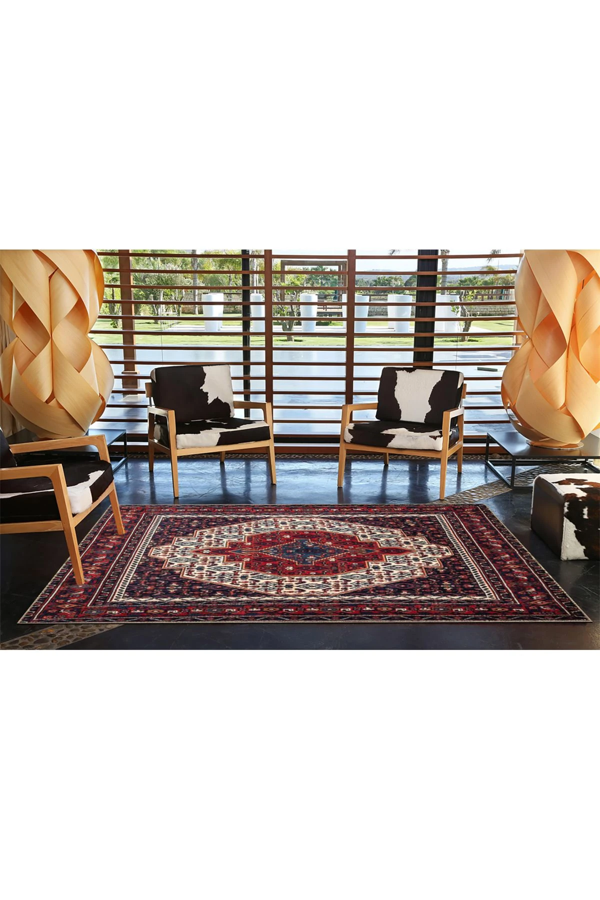 Beyaz Kapalı Kırmızı Çiçekli Geometrik Geleneksel Desenli Kreatif Dokuma Taban Halı miravip132