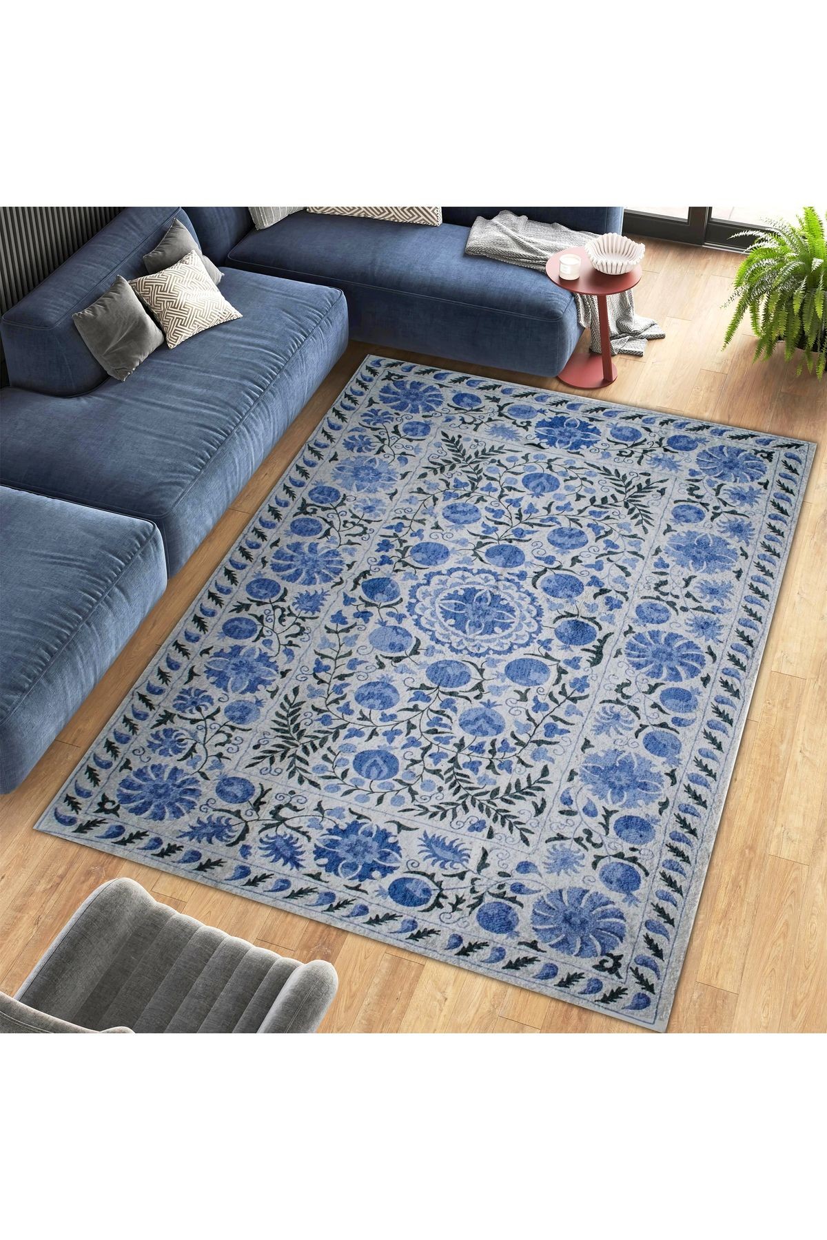 Asena Koleksiyonu Mavi Blue Blanc Temalı Motifli ve Çiçek Desenli Vintage Dekoratif Halı 16