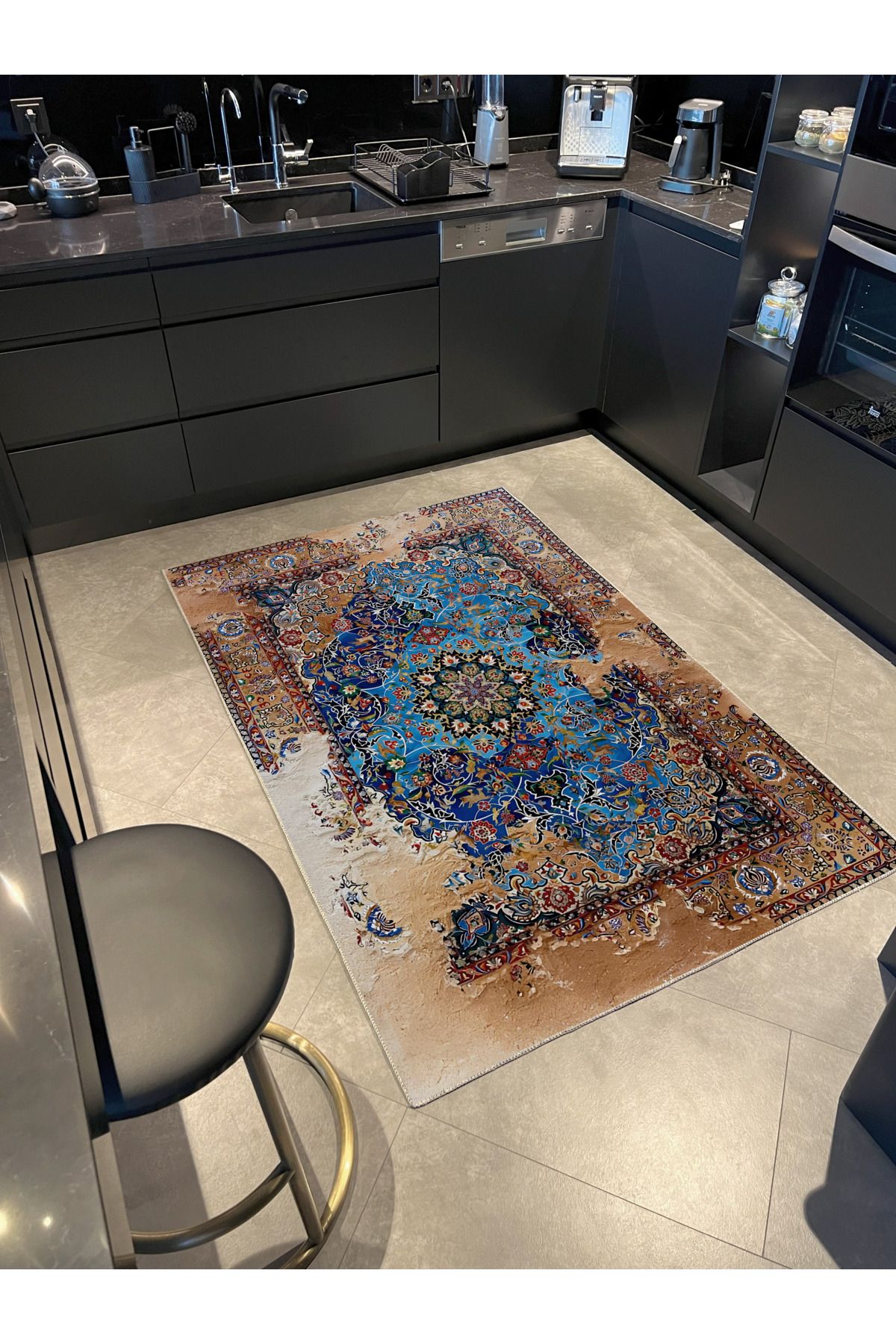 Mavi Bej Temalı Geleneksel Motif Soyut Desenli Modern Dekoratif Halı 1666