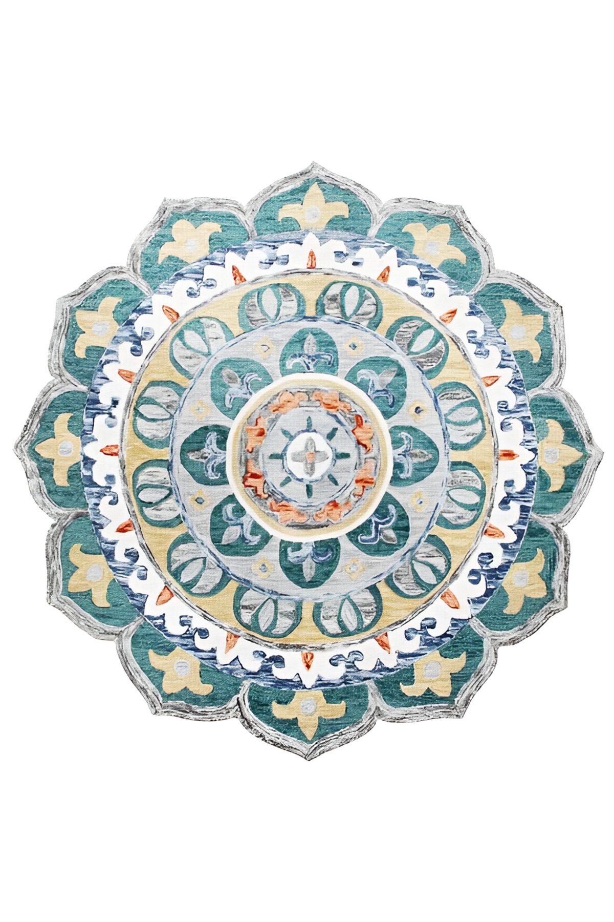 Mavi Temalı Çok Renkli Geleneksel Motif Desenli Vintage Dokuma Taban Yuvarlak Dekoratif Halı 2098