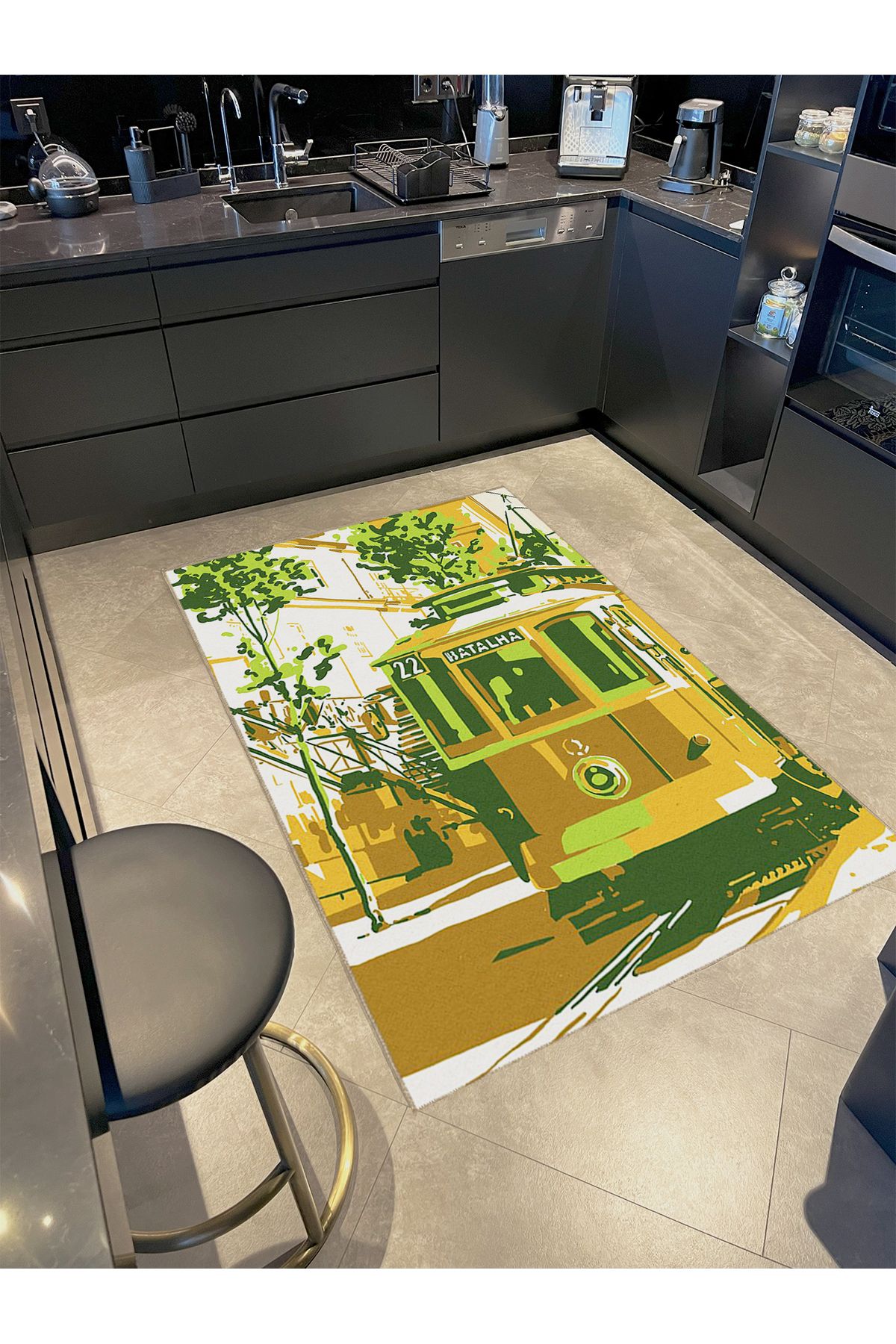 Buse Koleksiyonu Yeşil Turuncu Tren Desenli Dokuma Taban Modern Dekoratif Halı buse20