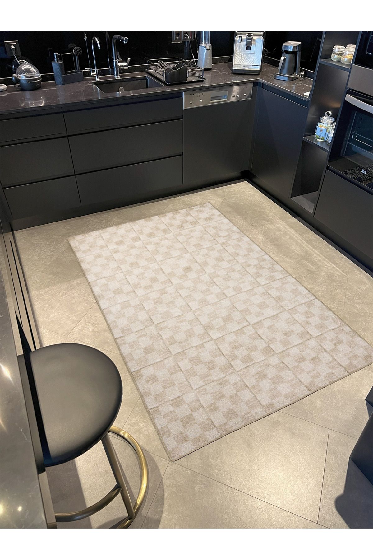 Küplü Kareli Krem Dokuma Taban Yıkanabilir Halı miravip9099