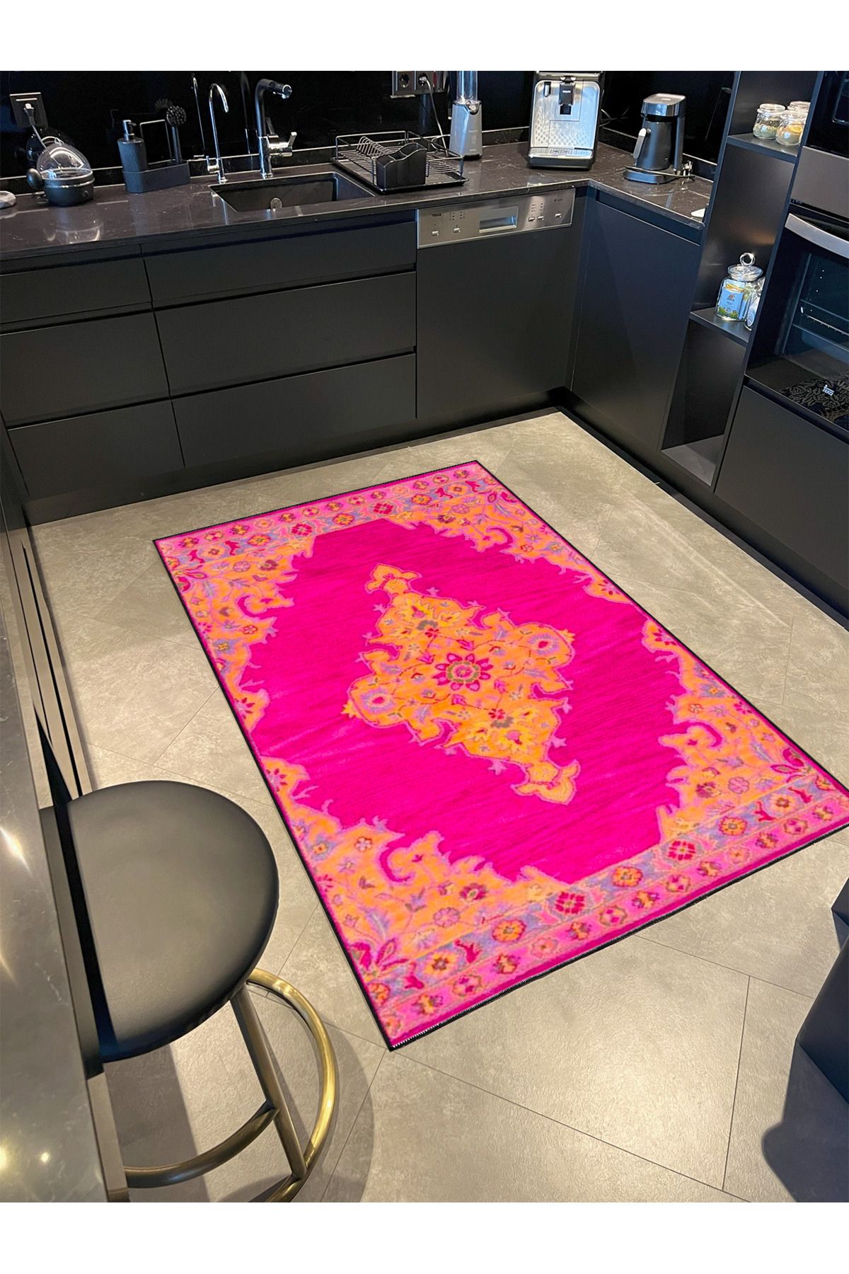 Pembe Sarı Geleneksel Çiçekli Bordürlü Temalı Desenli Dokuma Taban Halı ve Yıkanabilir Halı aloha193