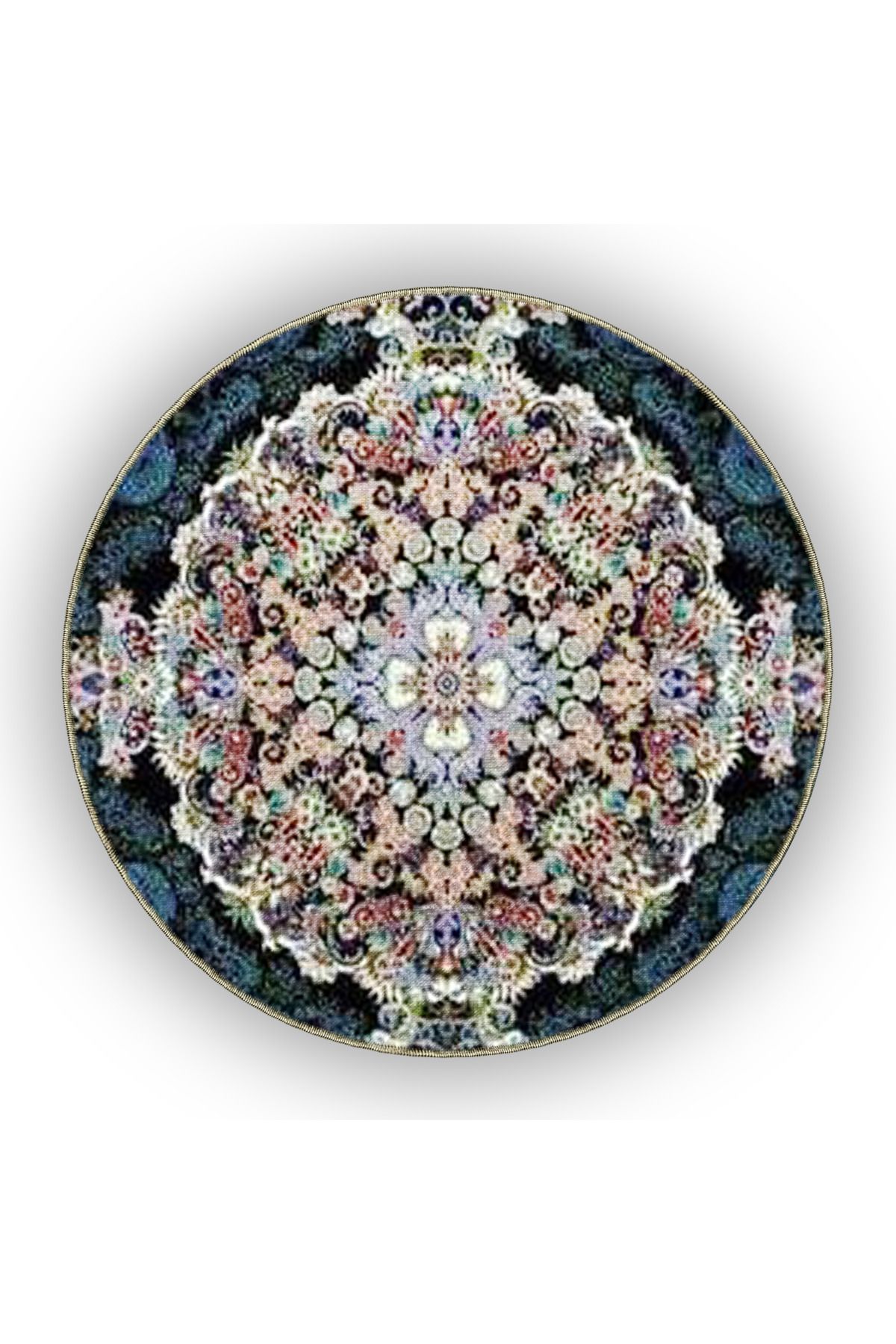 Lacivert Temalı Çok Renkli Geleneksel Motif Çiçek Desenli Vintage Dekoratif Halı 4890