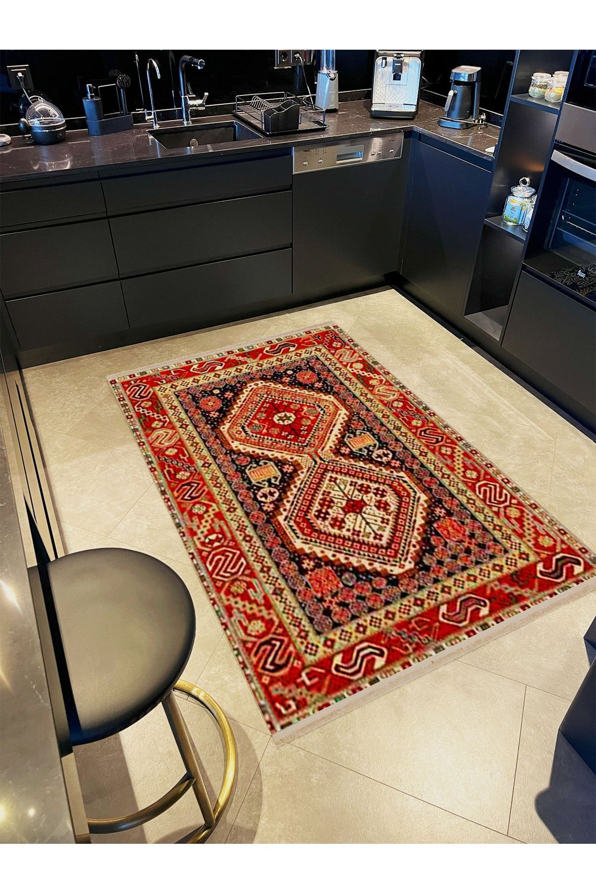 İnci Koleksiyonu Çok Renkli Geleneksel Motif Desenli Dokuma Taban Vintage Dekoratif Halı inci33