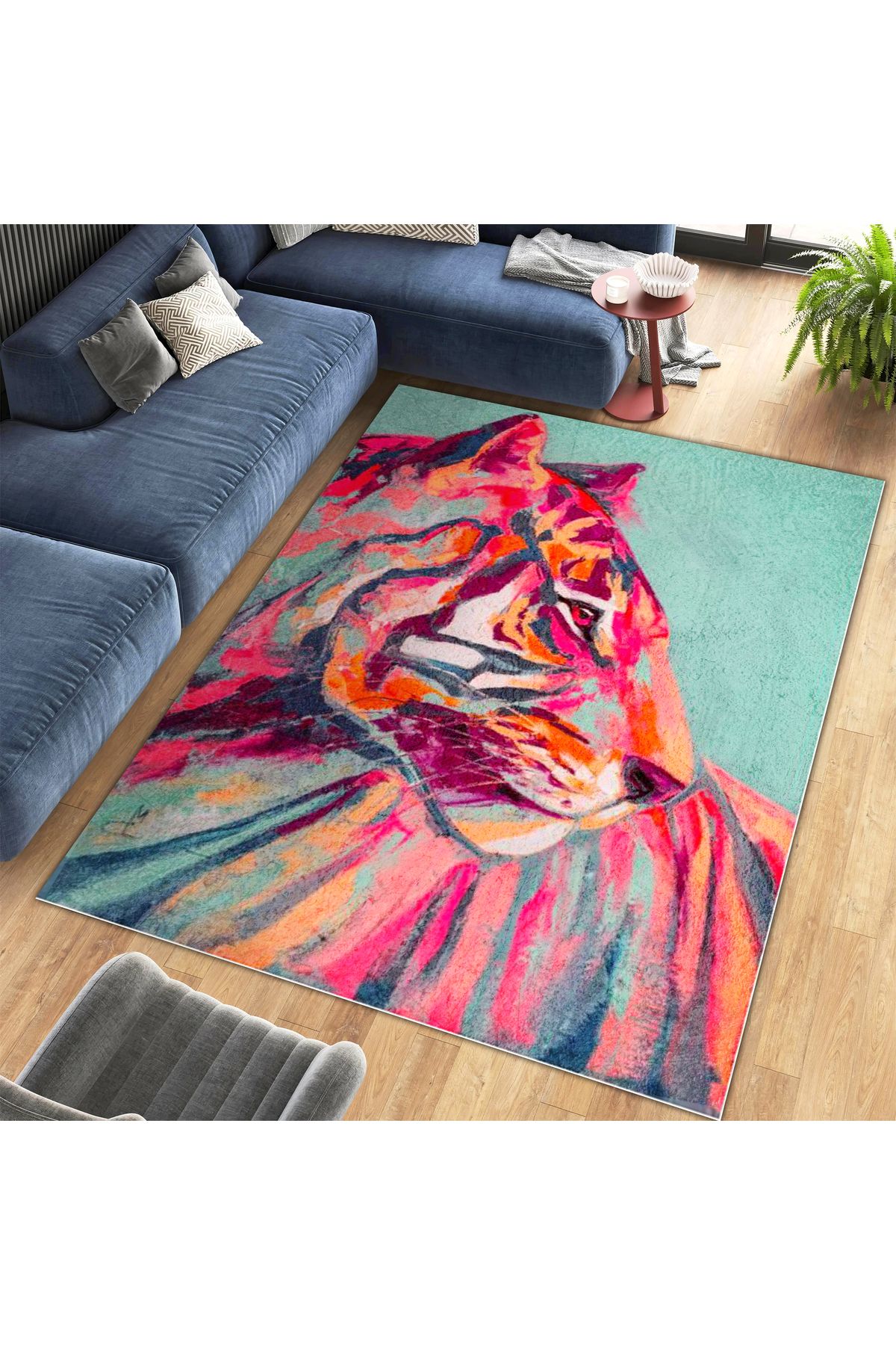 Kuzey Koleksiyonu Mavi Pembe Detaylı Kaplan Dokuma Taban Dekoratif Halı kuzey40