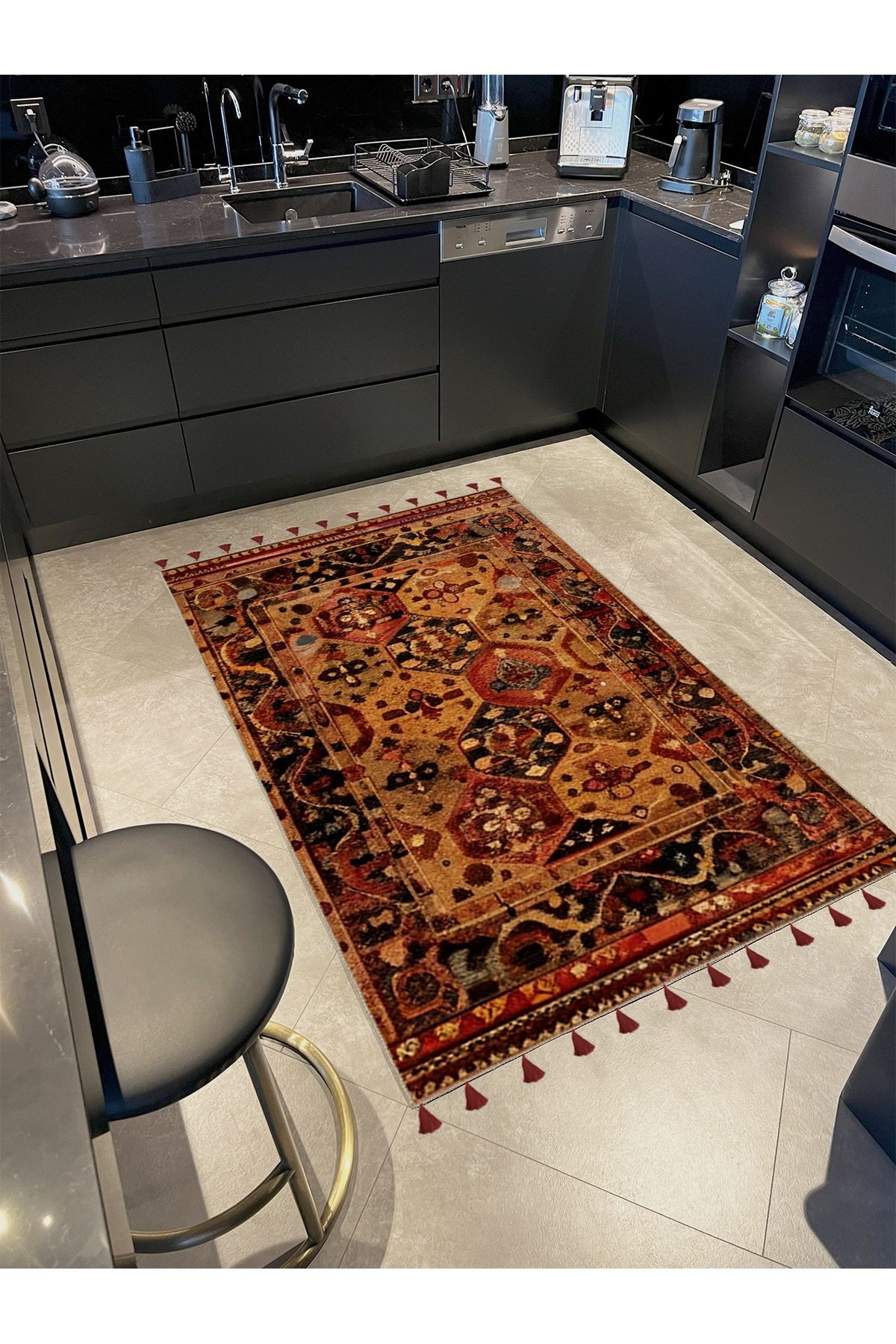 Royal Karma Soyut Antik Şekiller Desenli Püskül Detaylı Dokuma Taban Dekoratif Halı royal30